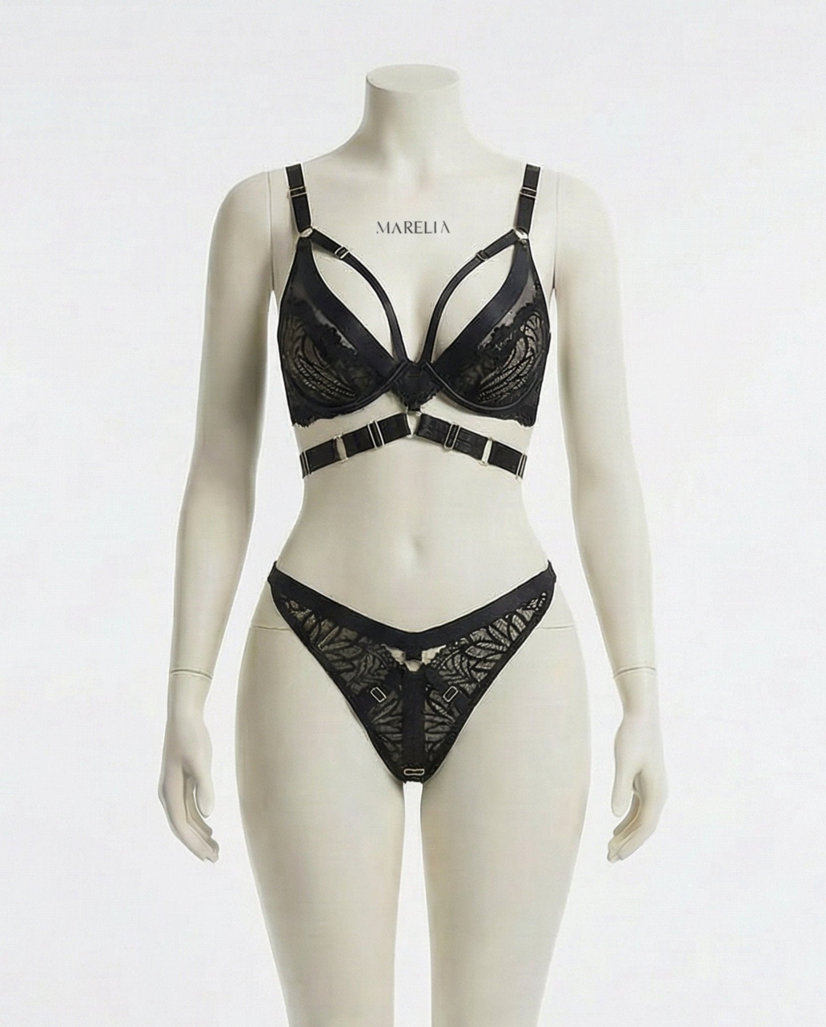 Black Lace Bra With Body Harness And High Waist Brief Set - Marelia