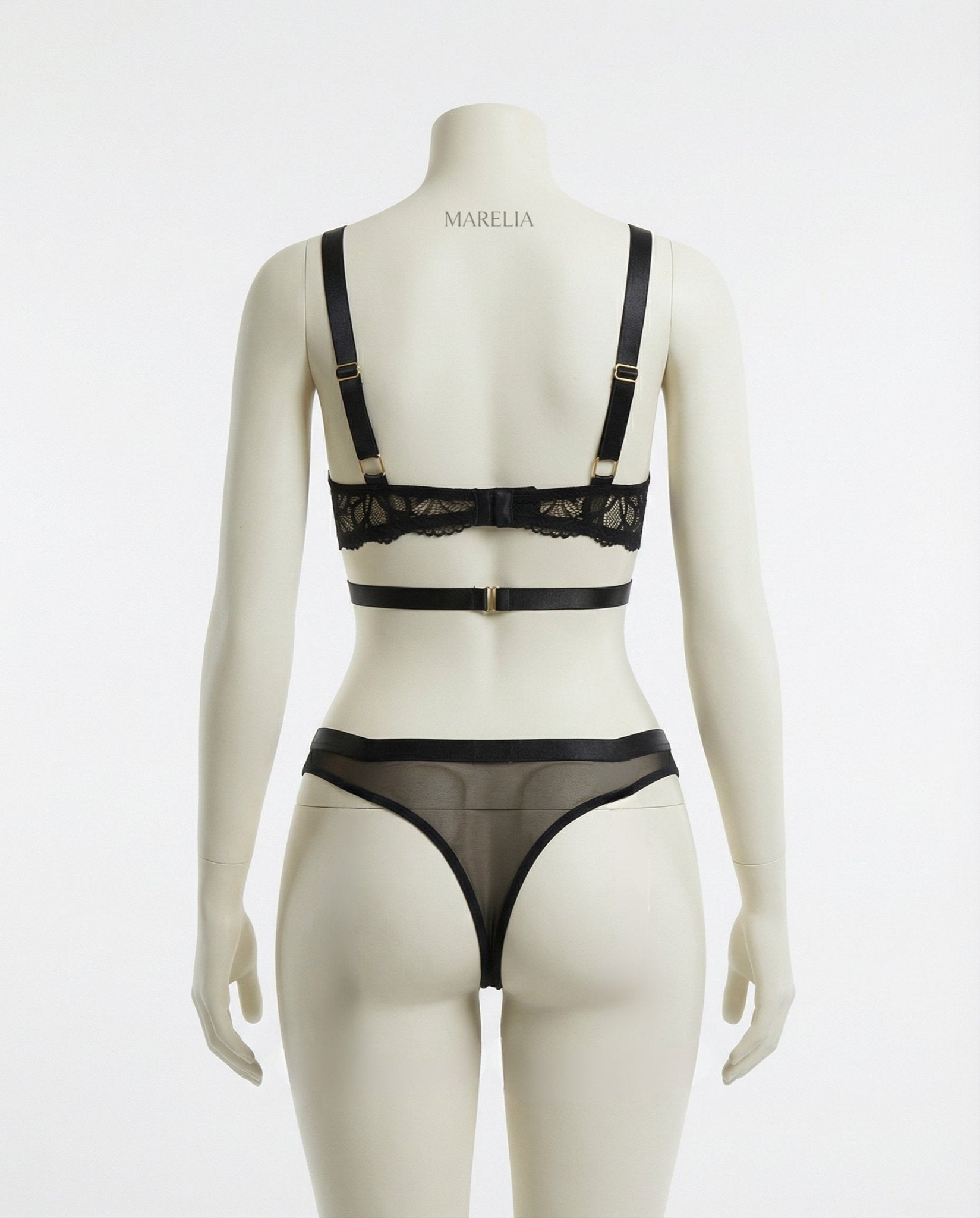 Black Lace Bra With Body Harness And High Waist Brief Set - Marelia