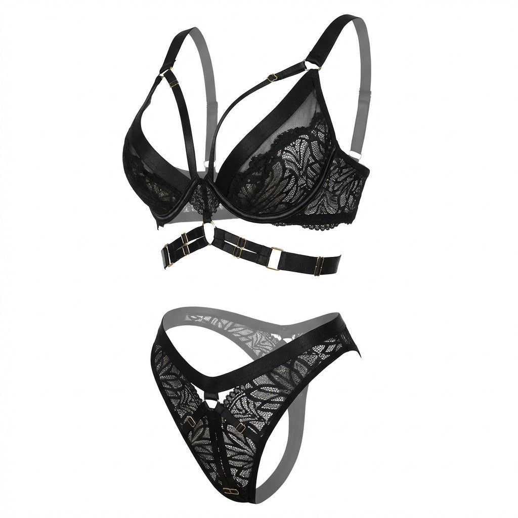 Black Lace Bra With Body Harness And High Waist Brief Set - Marelia