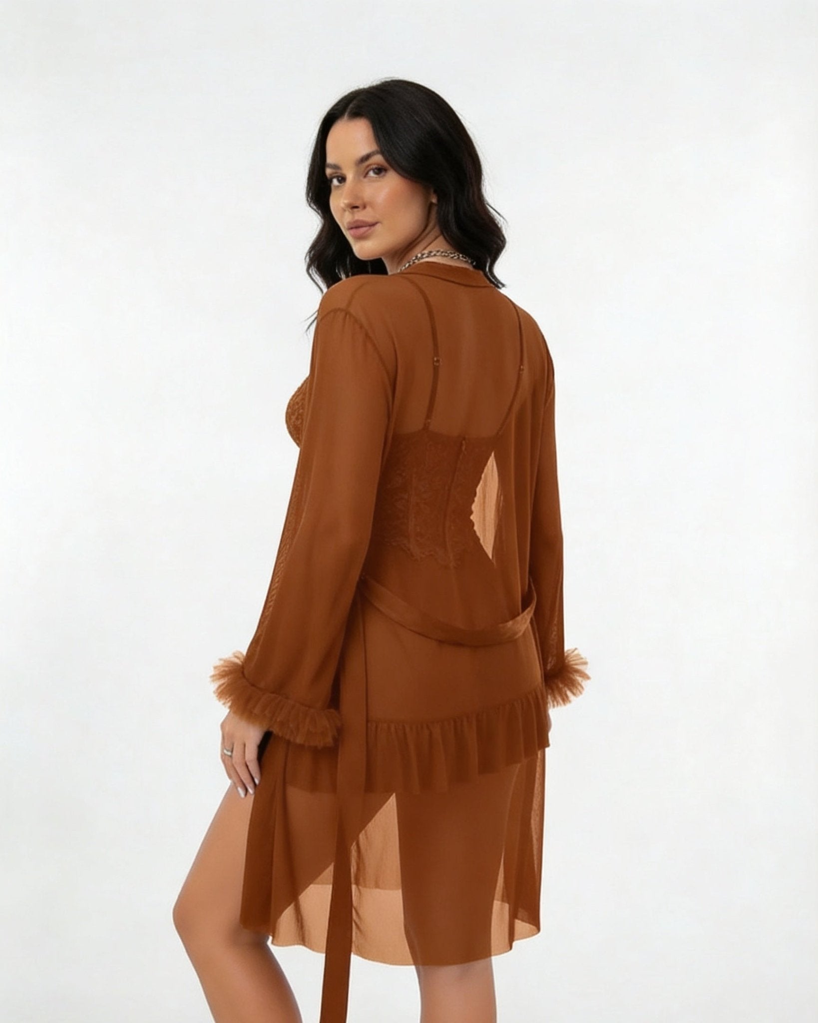 Brown Lace Chemise and Robe Set - MARELIA