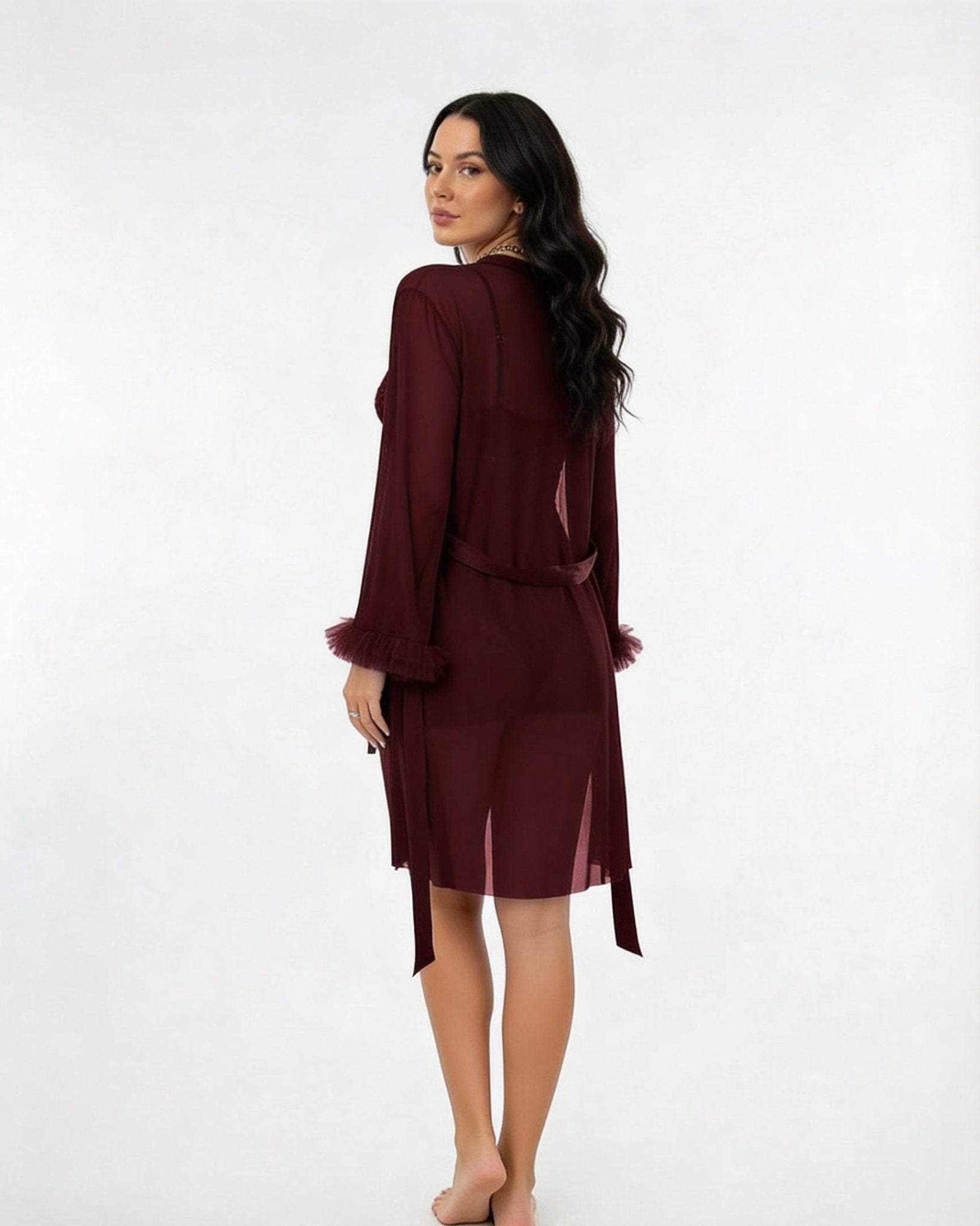 Wine Lace Chemise and Robe Set - MARELIA