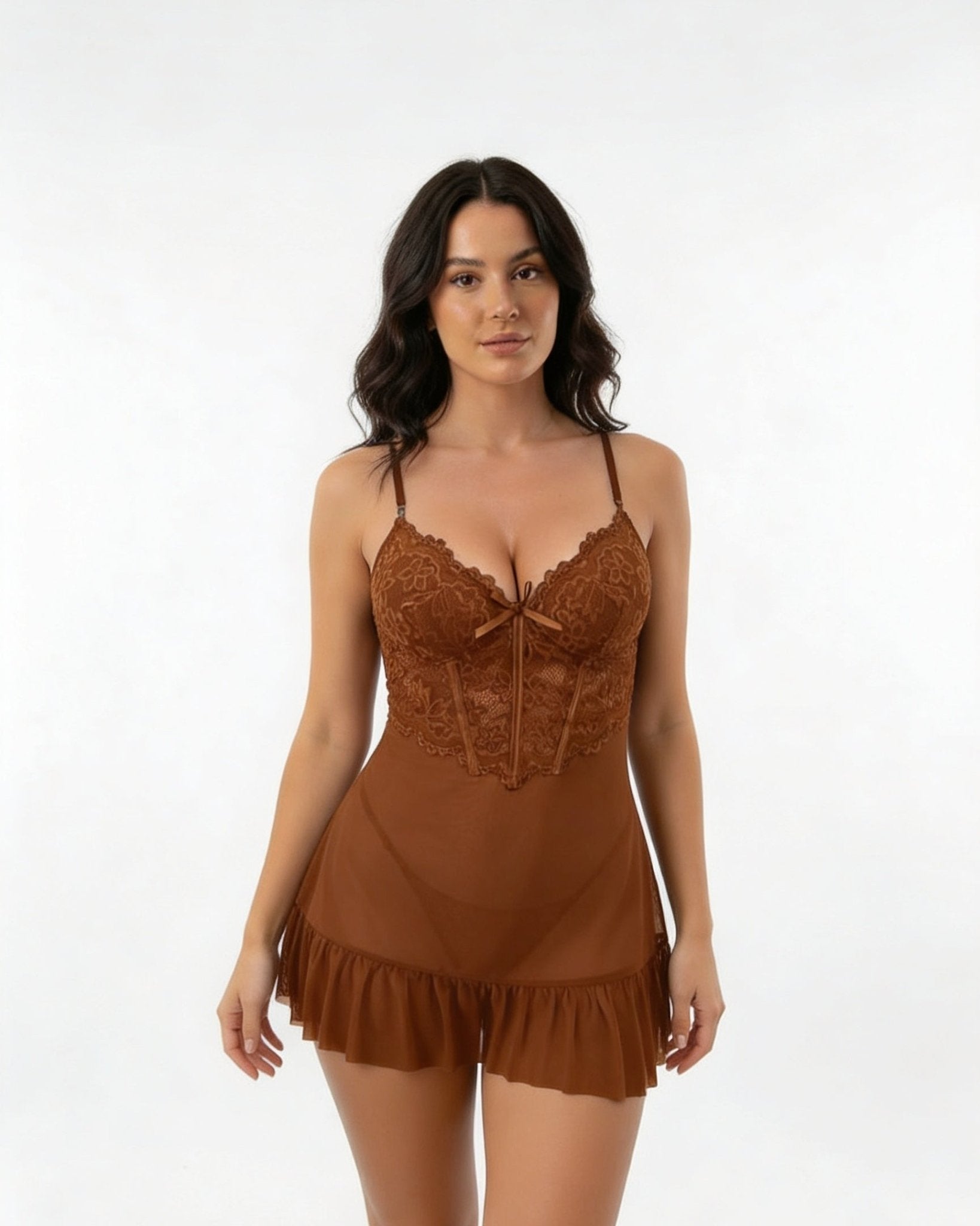 Brown Lace Chemise and Robe Set - MARELIA