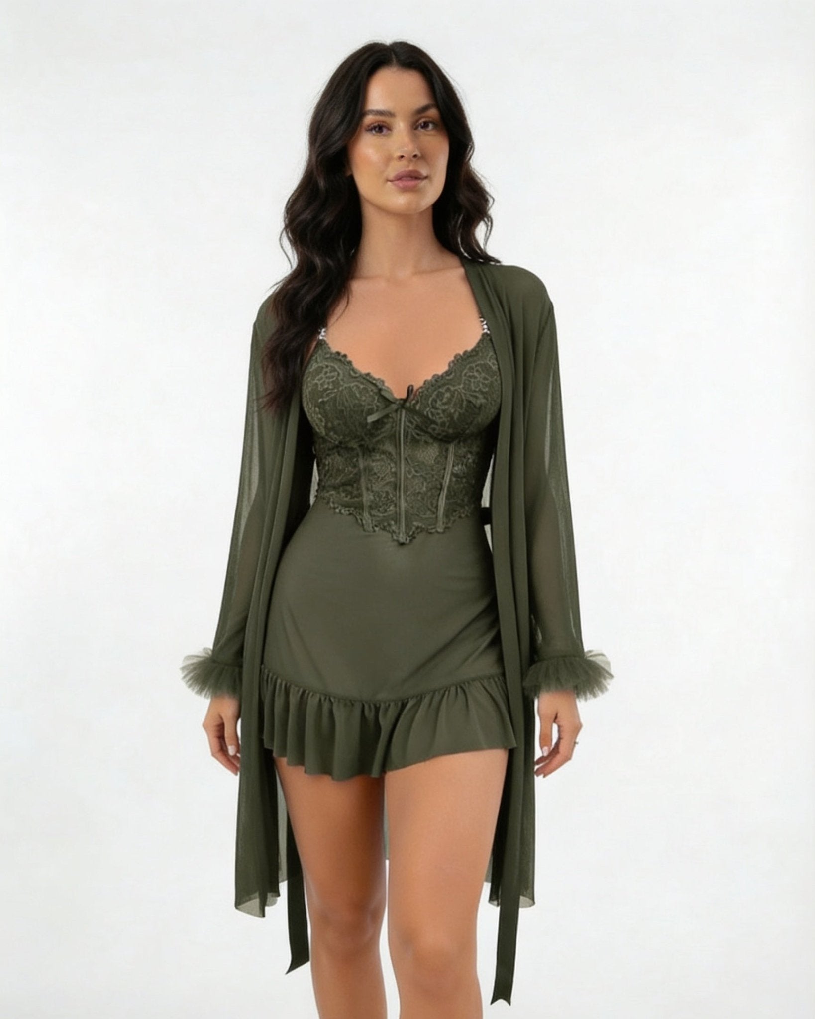Dark Green Lace Chemise and Robe Set - MARELIA