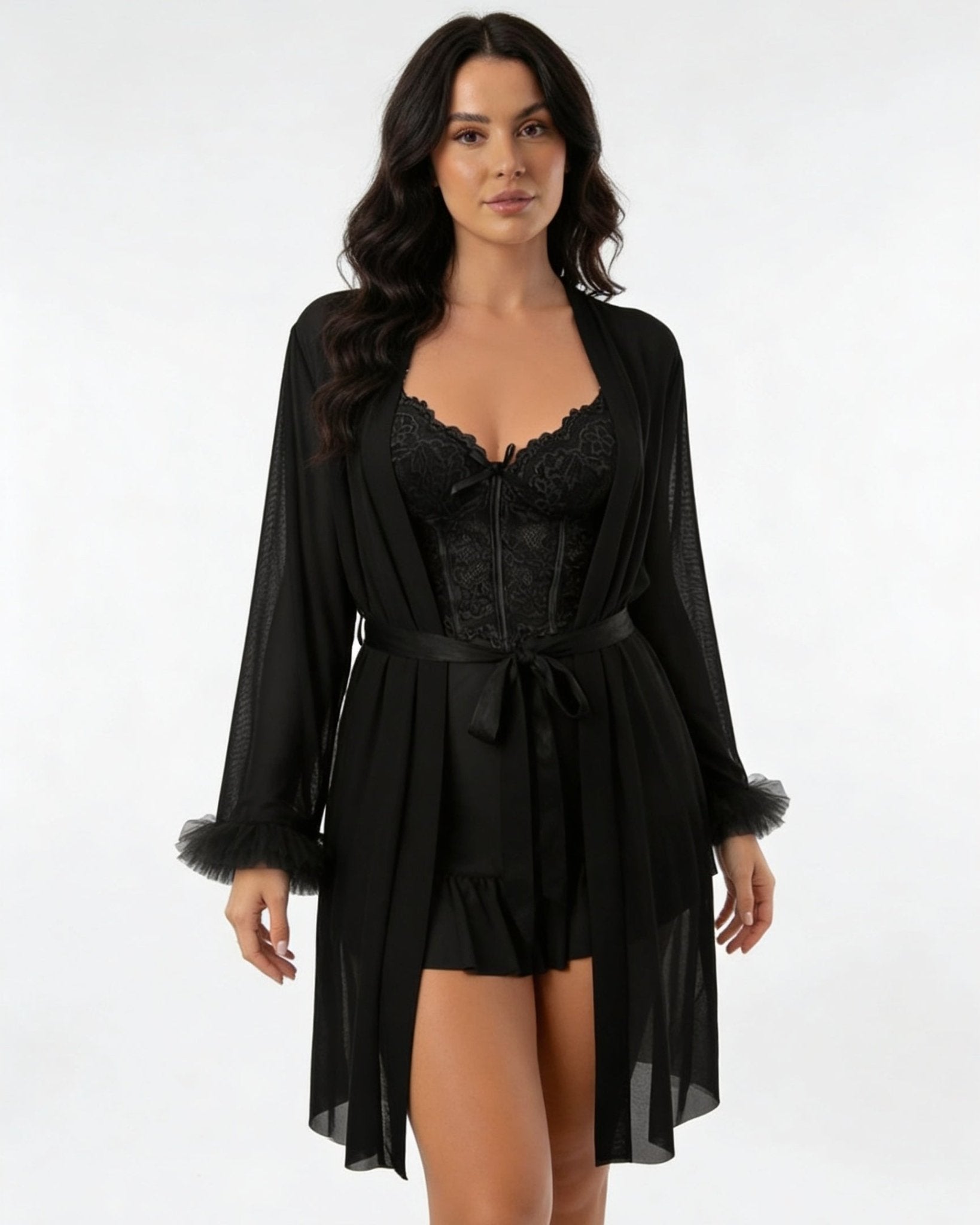 Black Lace Chemise and Robe Set - MARELIA