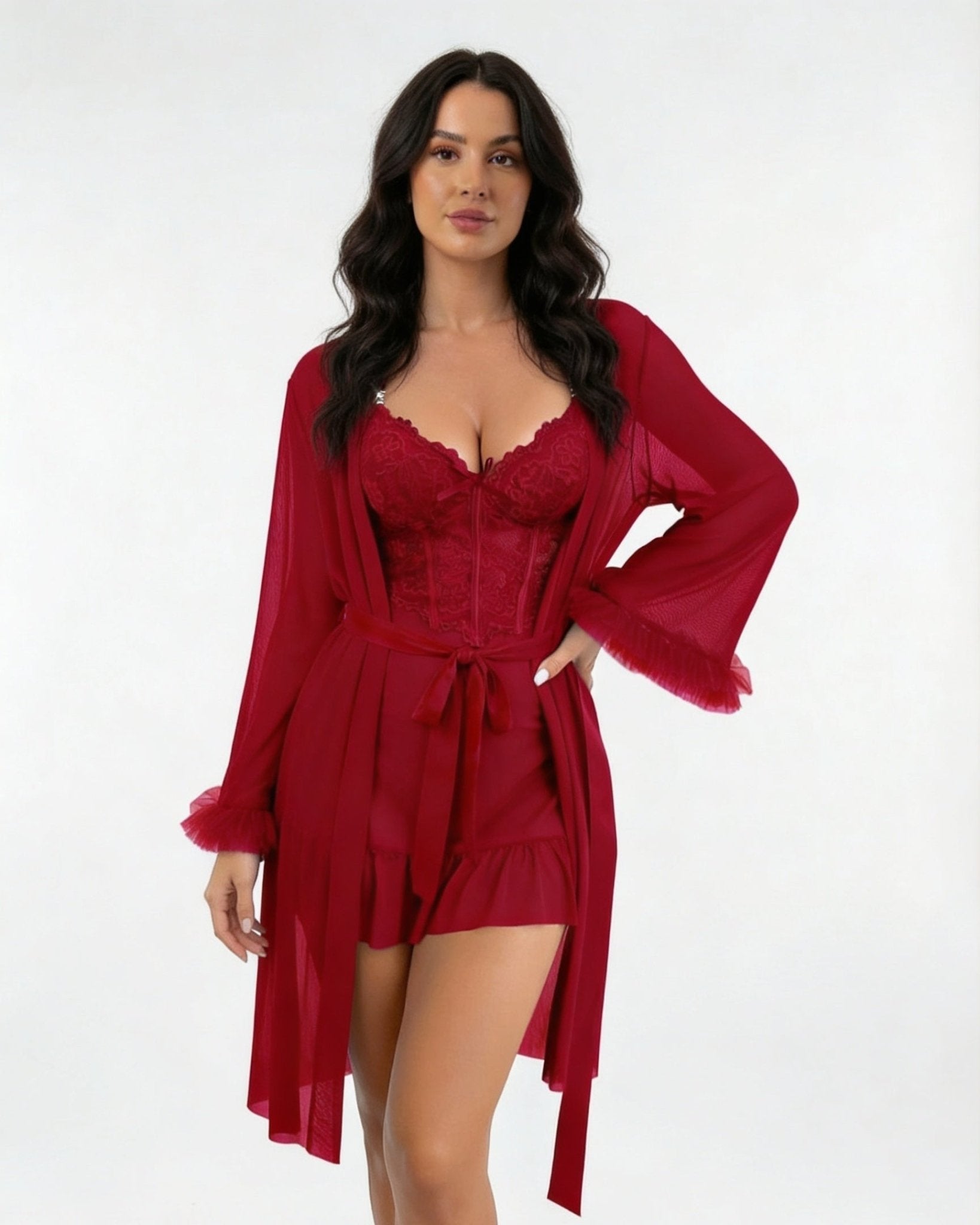 Burgundy Lace Chemise and Robe Set - MARELIA