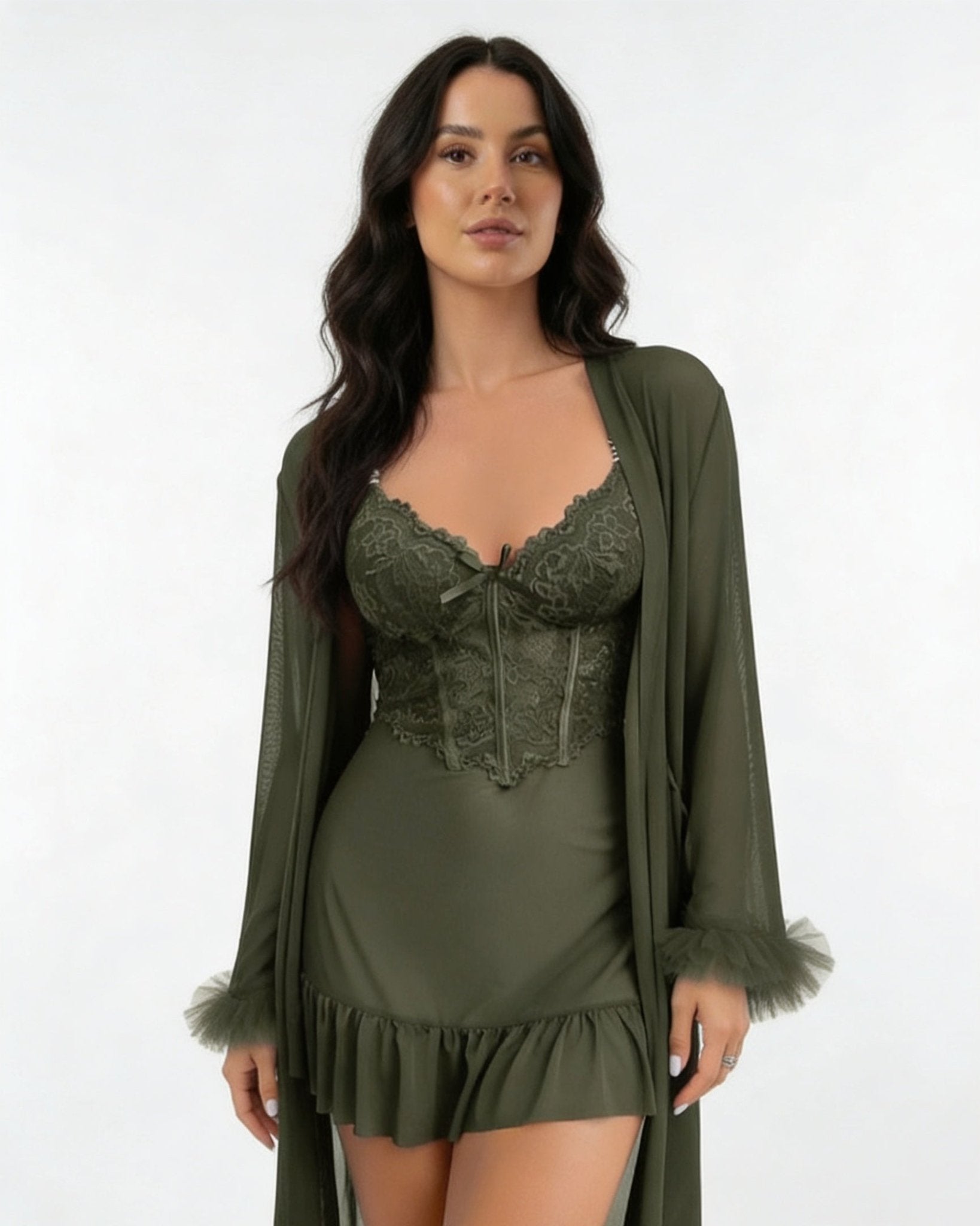 Dark Green Lace Chemise and Robe Set - MARELIA