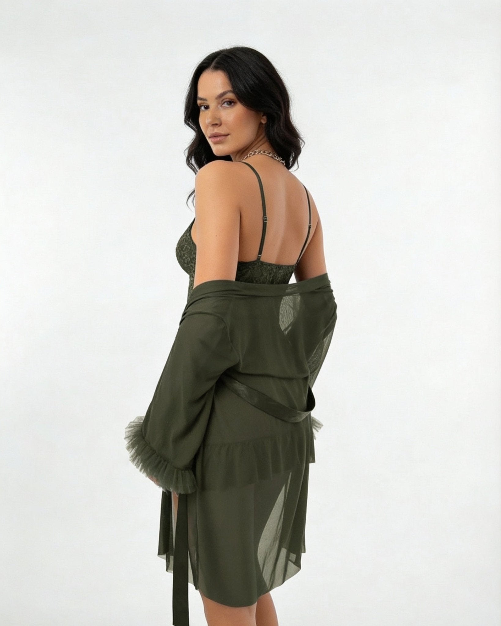 Dark Green Lace Chemise and Robe Set - MARELIA
