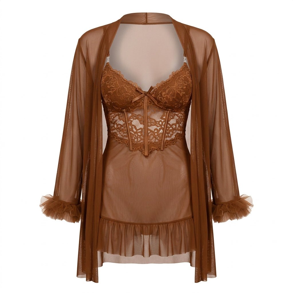 Brown Lace Chemise and Robe Set - MARELIA