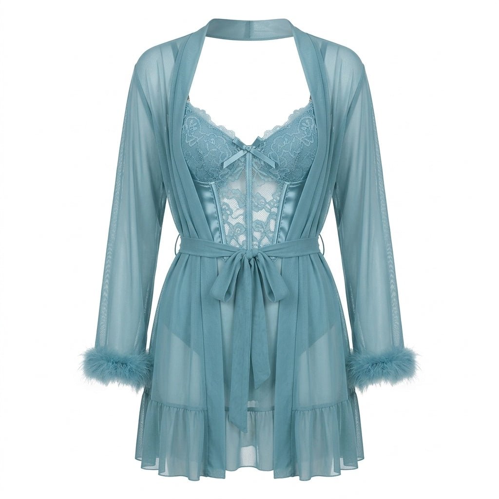 Baby Blue Lace Chemise and Robe Set - MARELIA