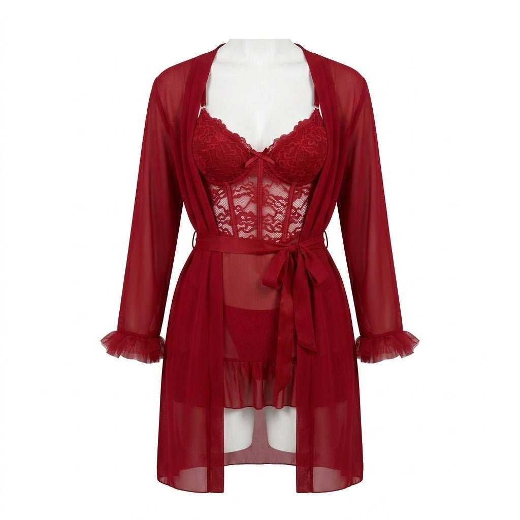 Burgundy Lace Chemise and Robe Set - MARELIA