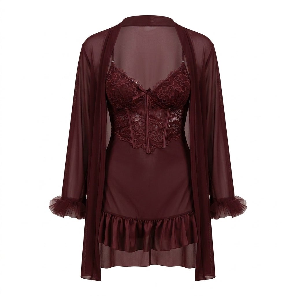 Wine Lace Chemise and Robe Set - MARELIA