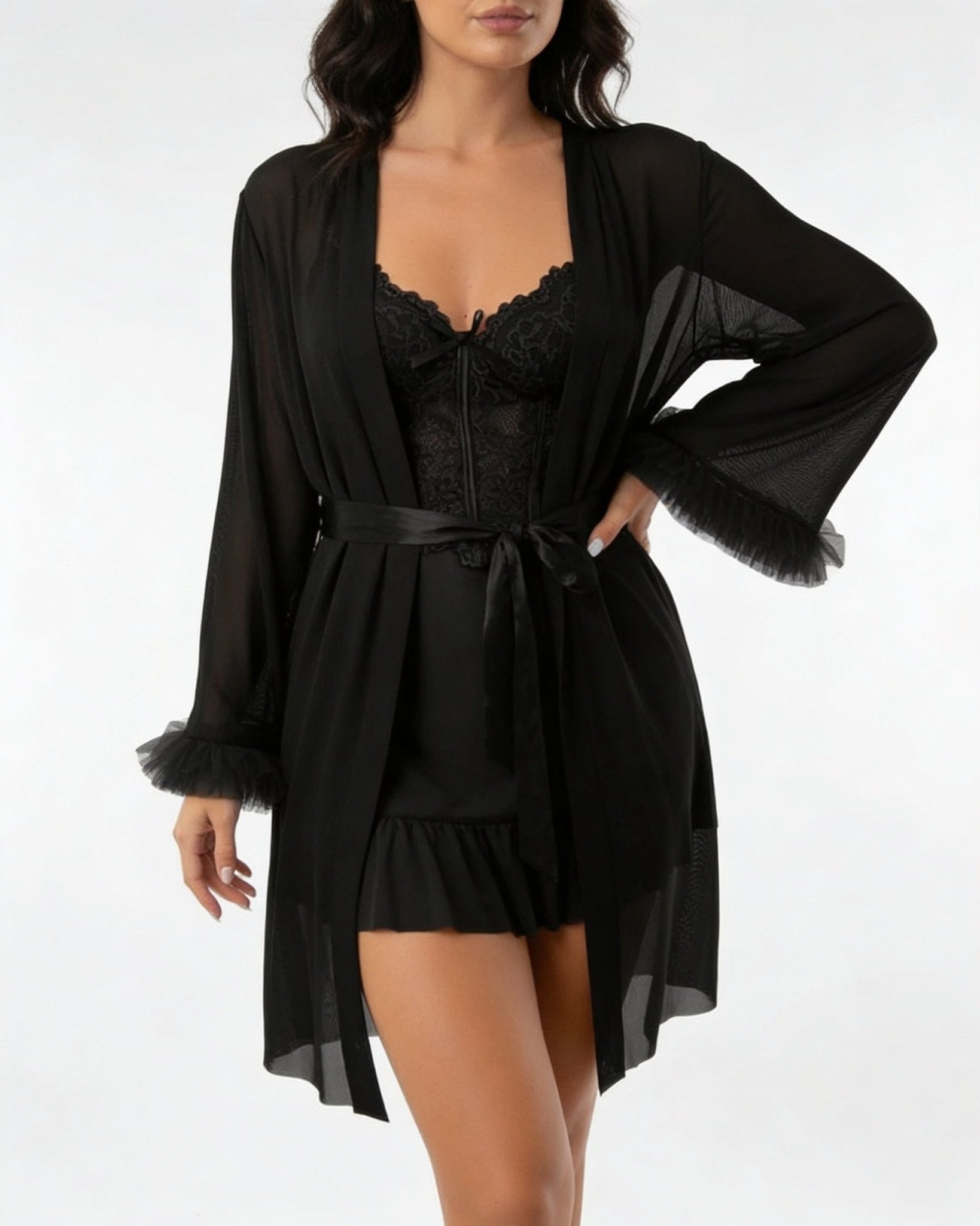 Black Lace Chemise and Robe Set - MARELIA