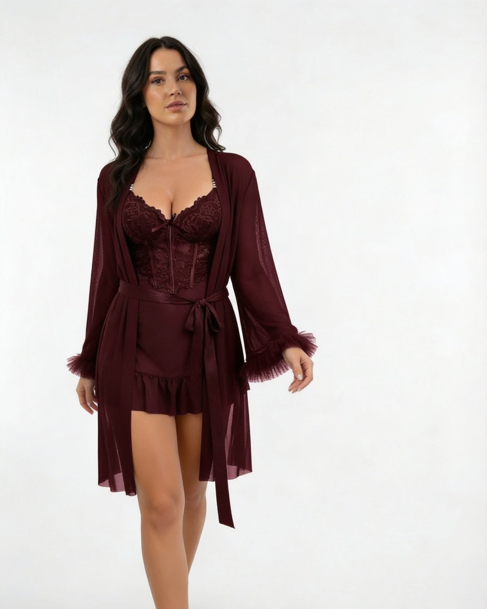 Wine Lace Chemise and Robe Set - MARELIA