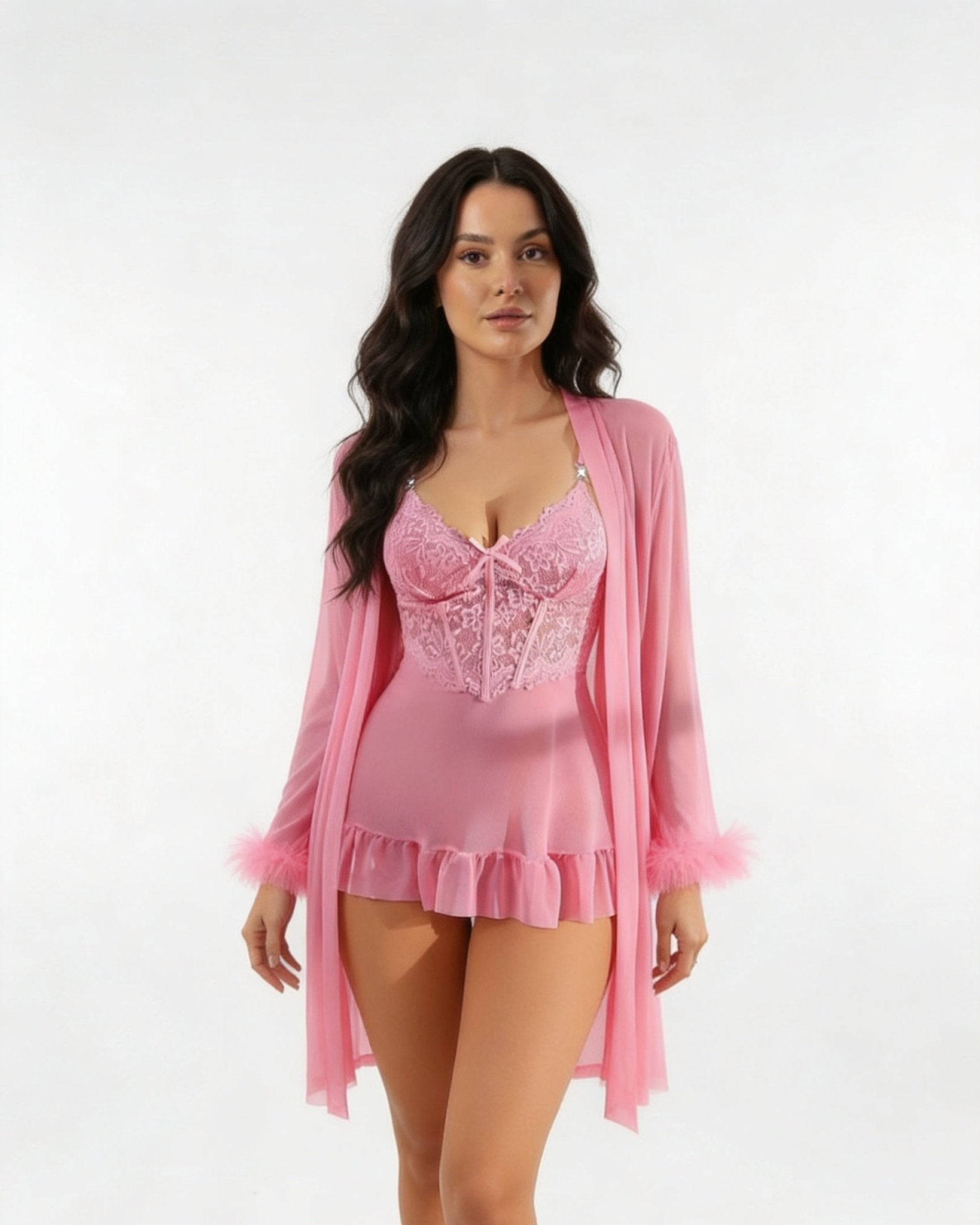 Pink Lace Chemise and Robe Set - MARELIA