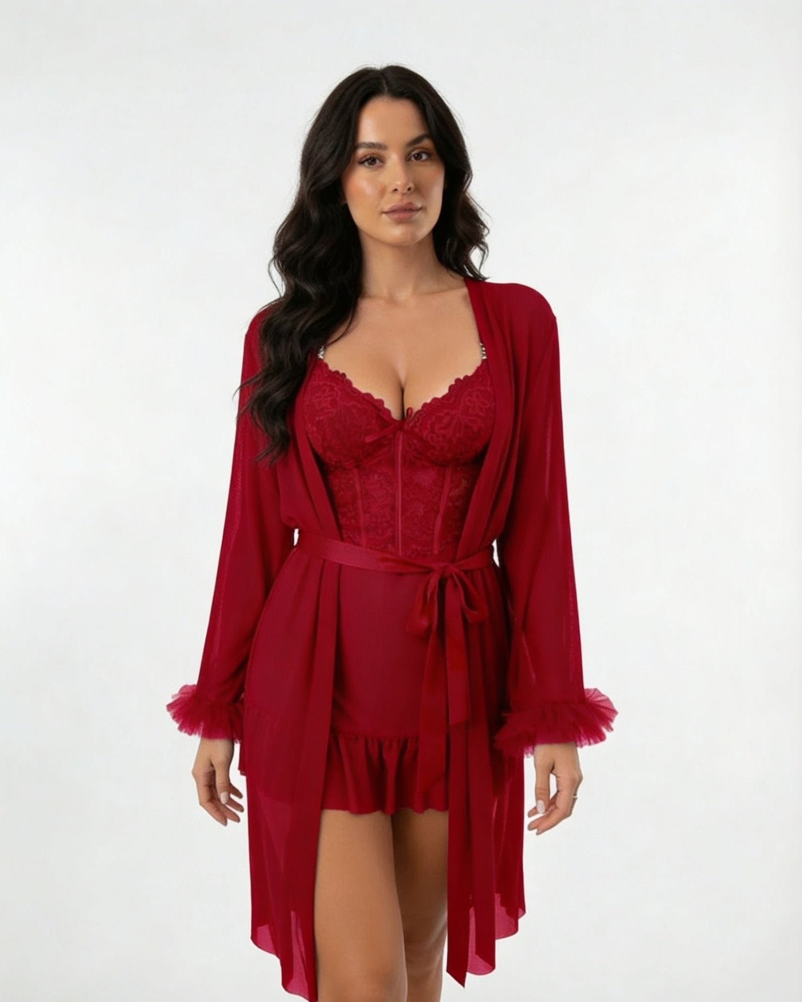 Burgundy Lace Chemise and Robe Set - MARELIA