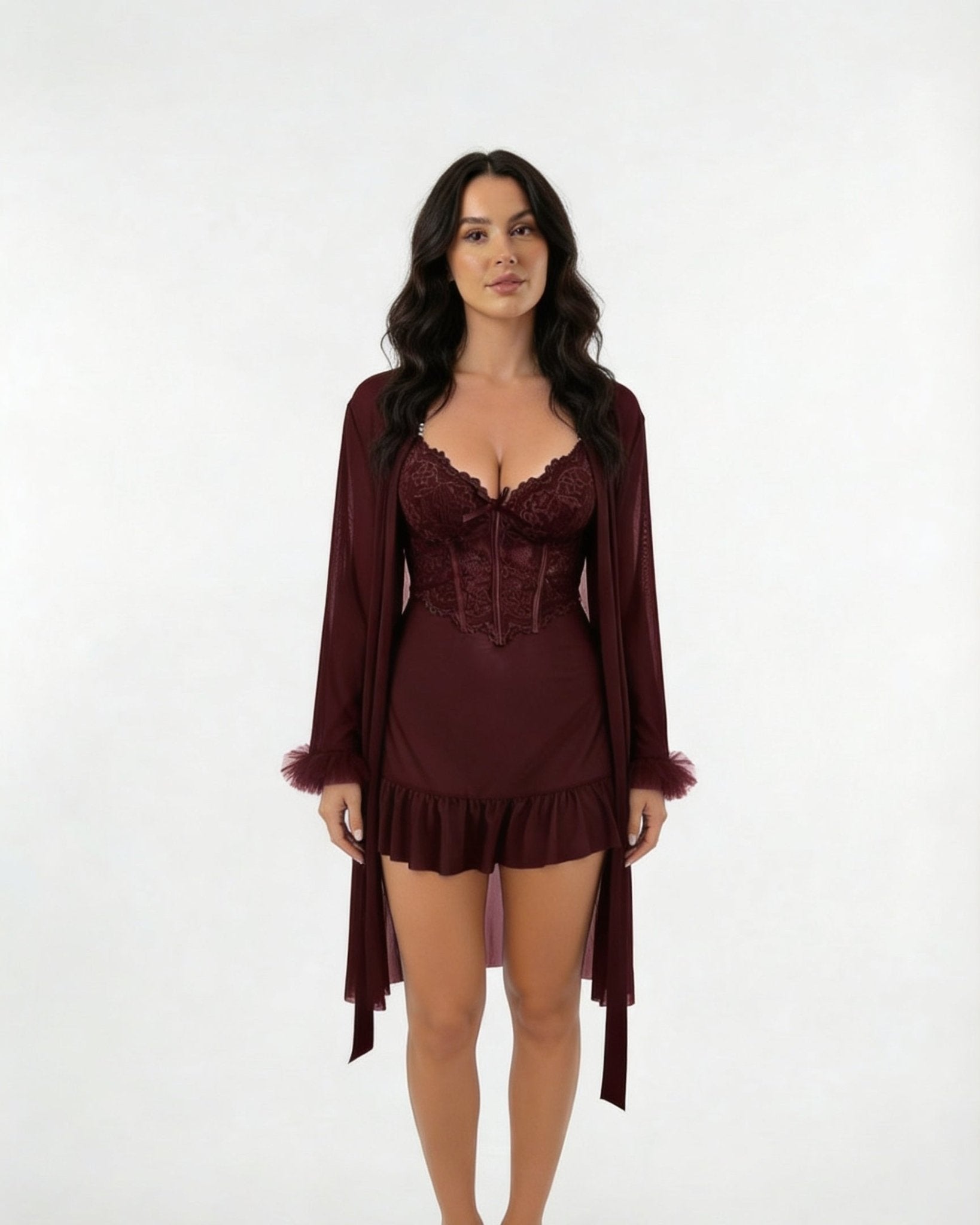 Wine Lace Chemise and Robe Set - MARELIA