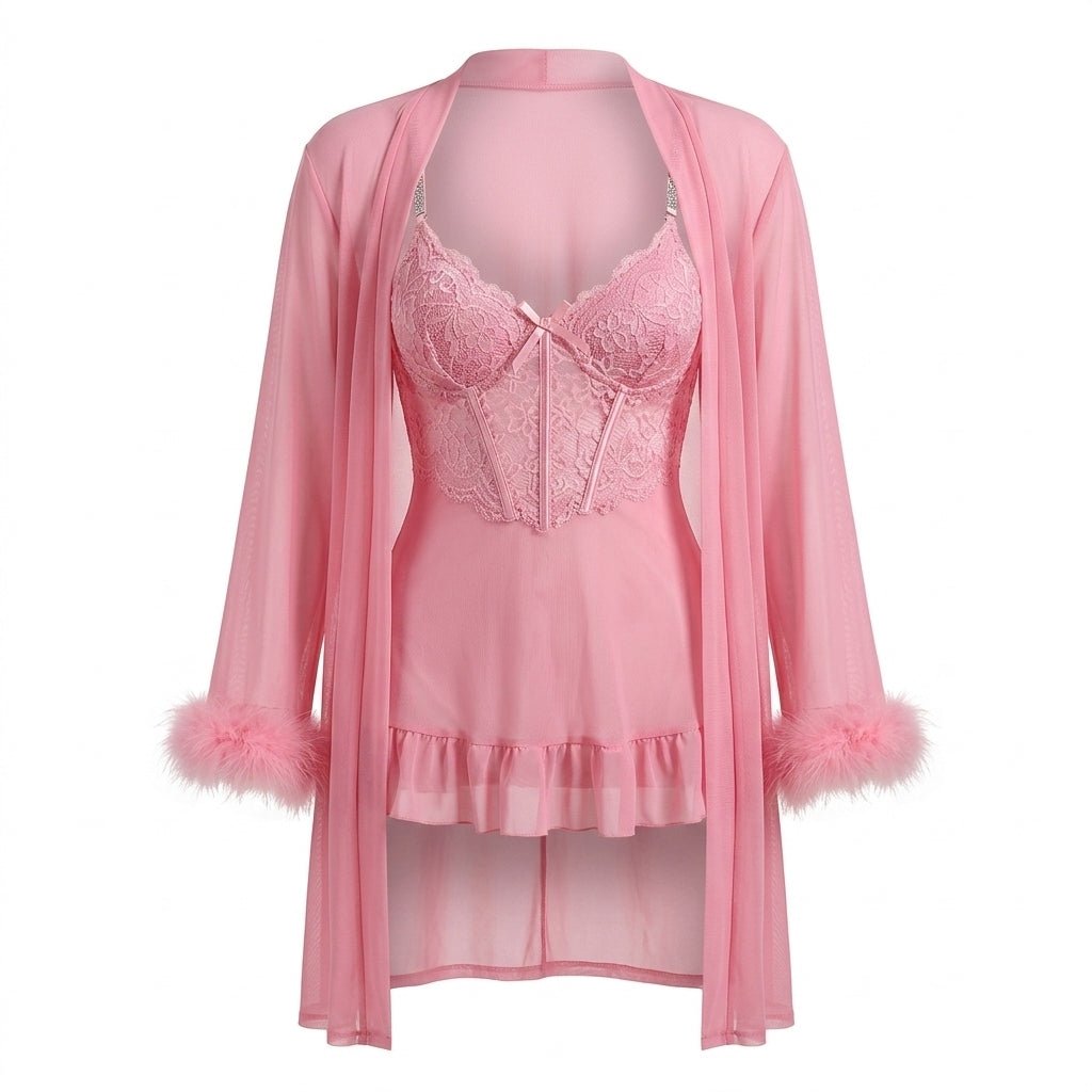 Pink Lace Chemise and Robe Set - MARELIA