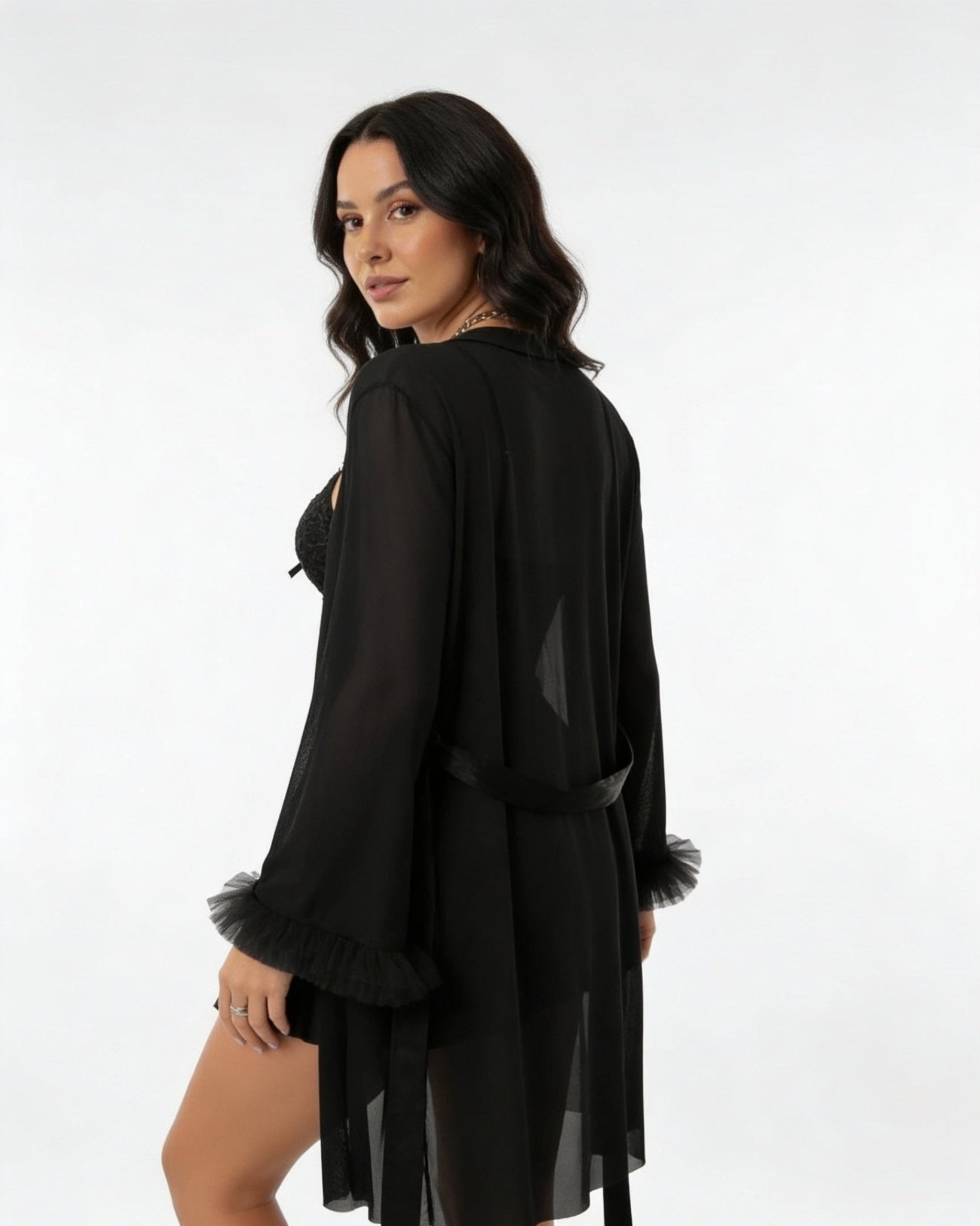 Black Lace Chemise and Robe Set - MARELIA