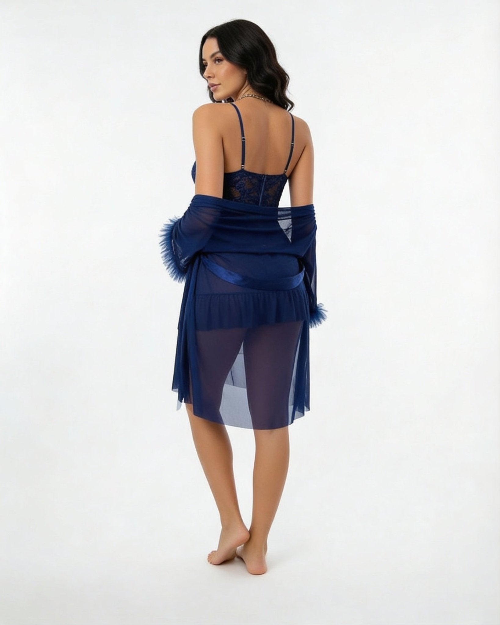 Navy Lace Chemise and Robe Set - MARELIA