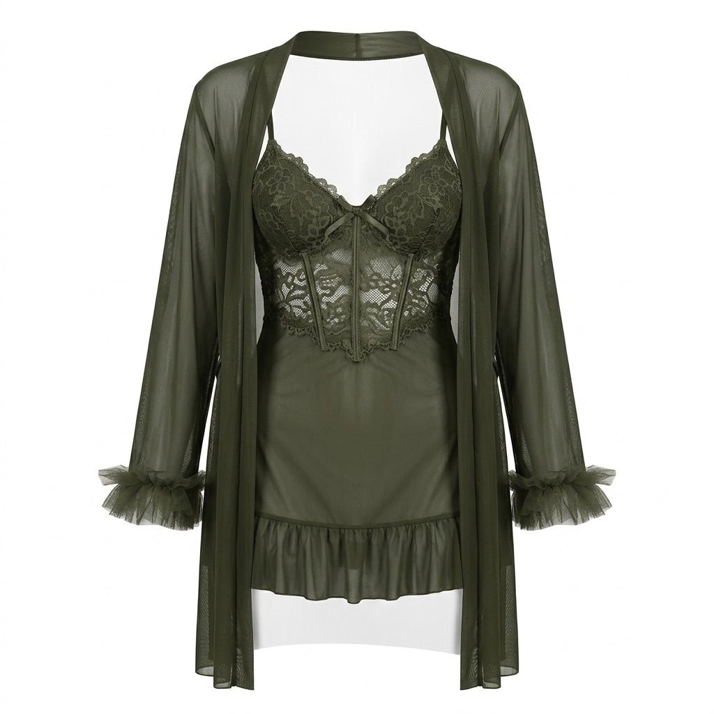 Dark Green Lace Chemise and Robe Set - MARELIA