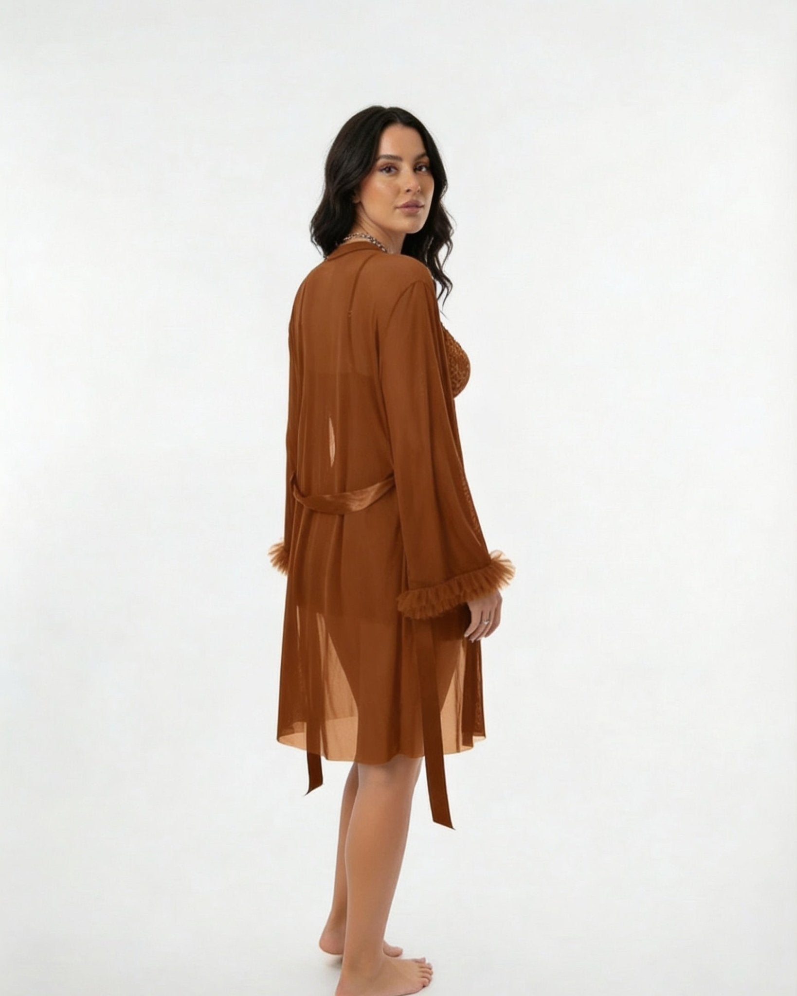 Brown Lace Chemise and Robe Set - MARELIA
