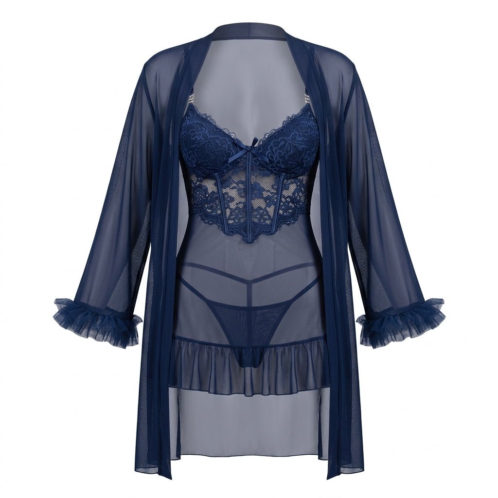 Navy Lace Chemise and Robe Set - MARELIA