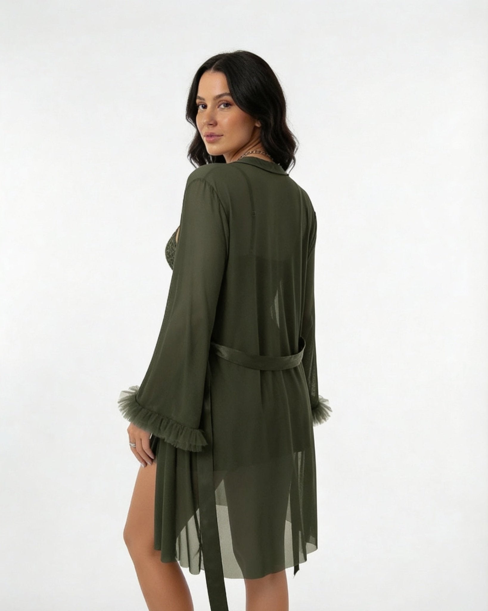 Dark Green Lace Chemise and Robe Set - MARELIA