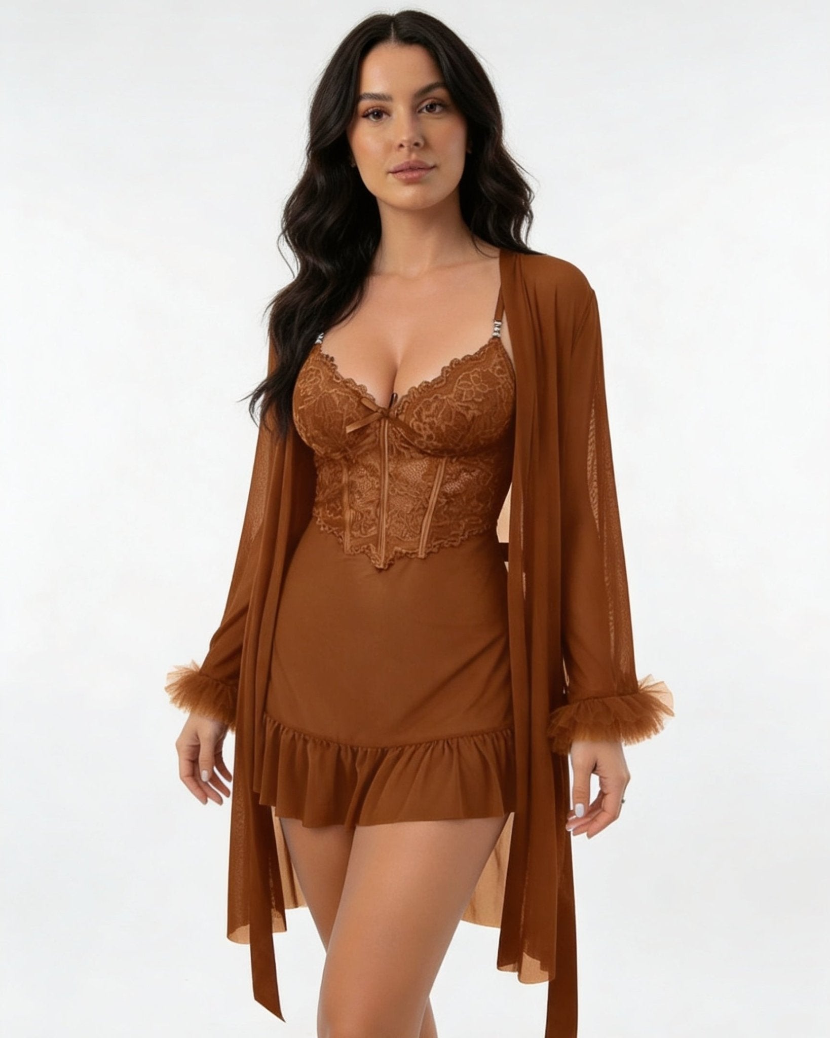 Brown Lace Chemise and Robe Set - MARELIA