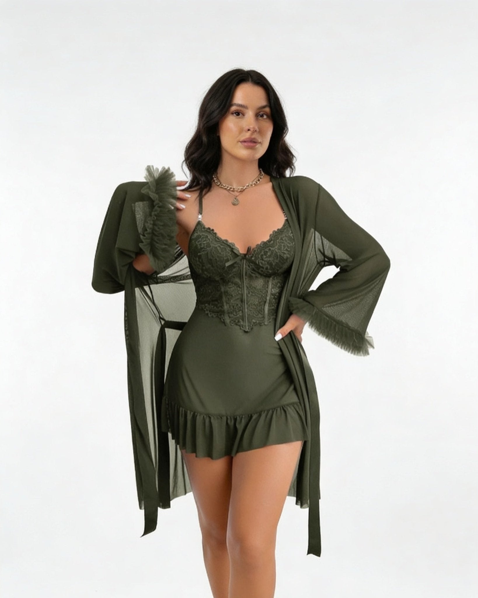 Dark Green Lace Chemise and Robe Set - MARELIA