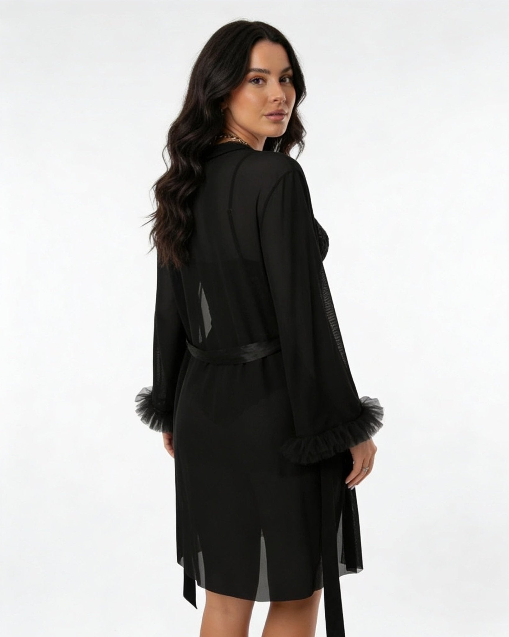 Black Lace Chemise and Robe Set - MARELIA