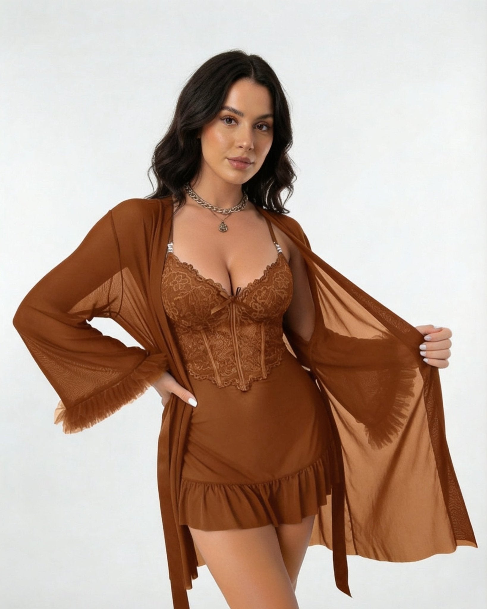 Brown Lace Chemise and Robe Set - MARELIA