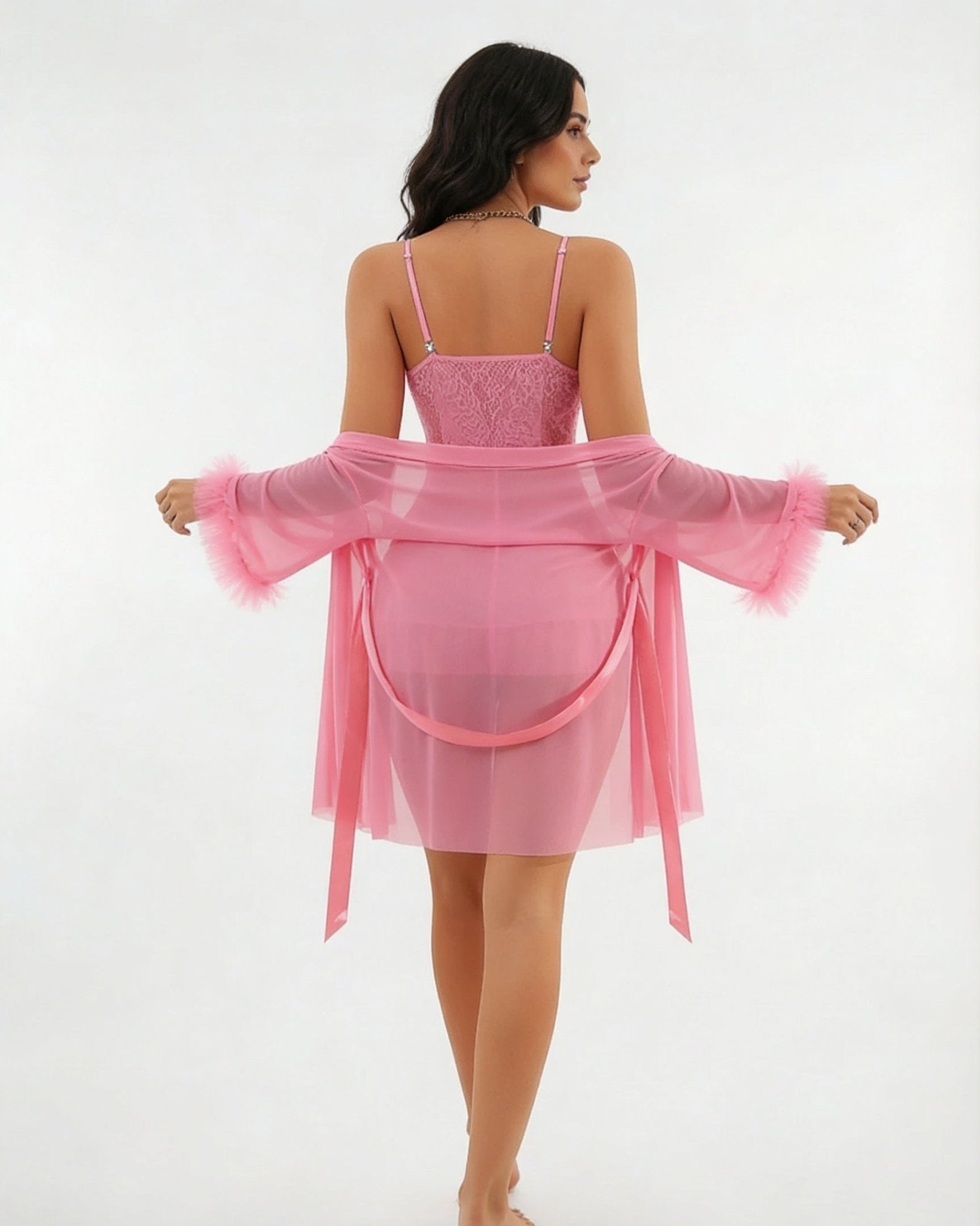 Pink Lace Chemise and Robe Set - MARELIA