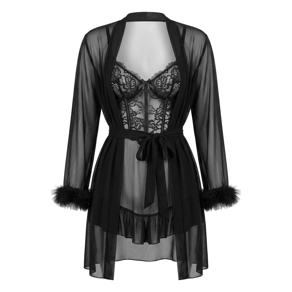 Black Lace Chemise and Robe Set - MARELIA