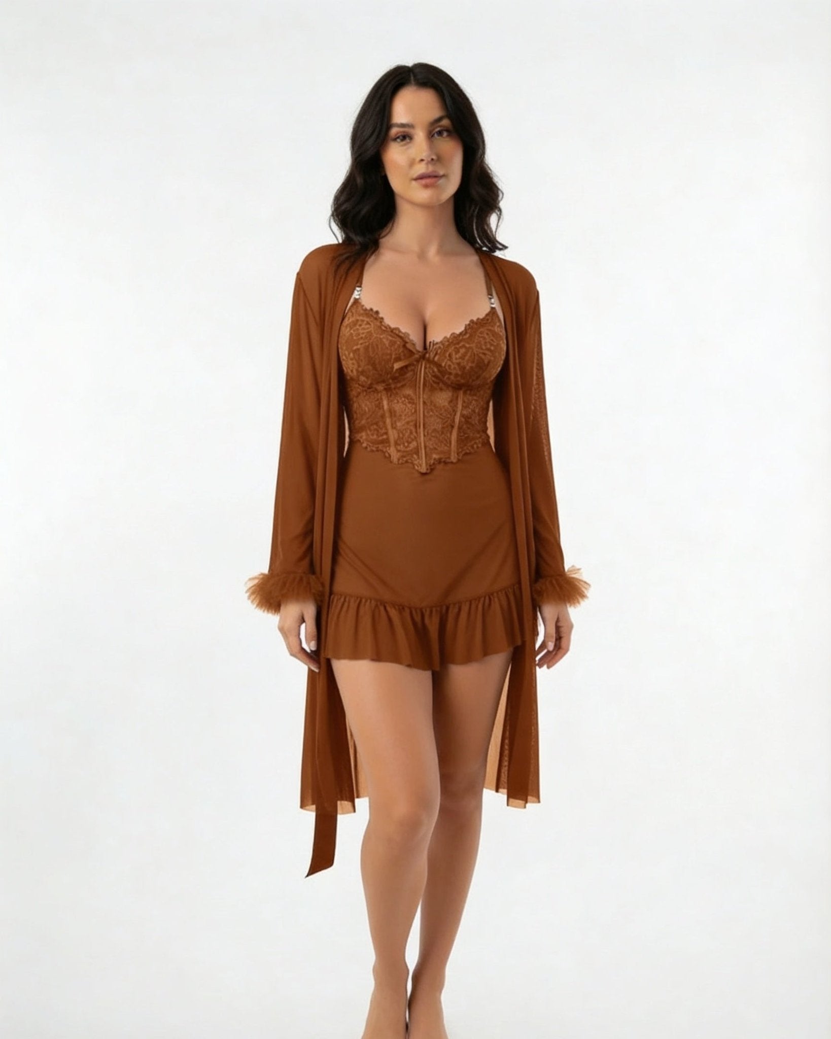 Brown Lace Chemise and Robe Set - MARELIA