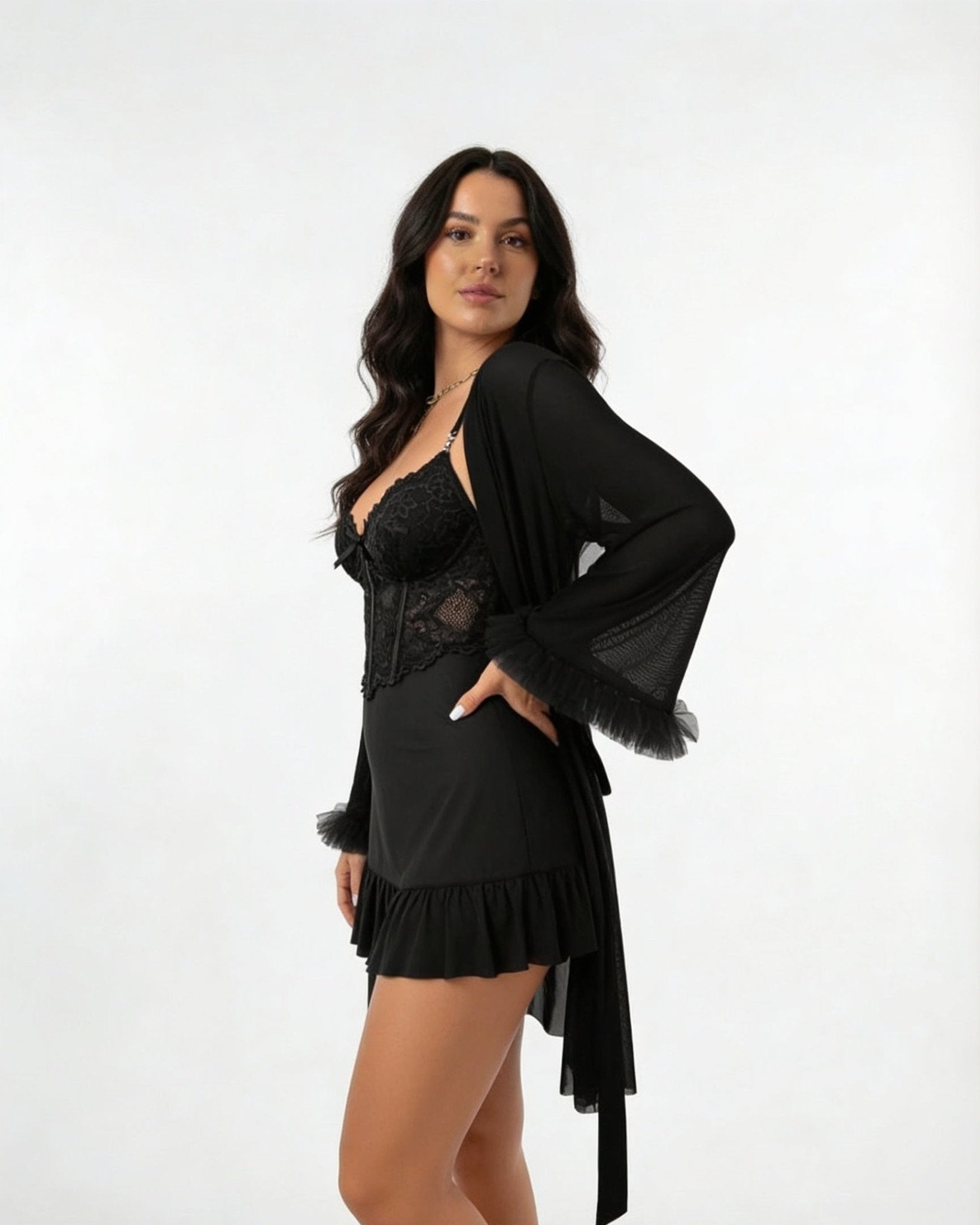 Black Lace Chemise and Robe Set - MARELIA