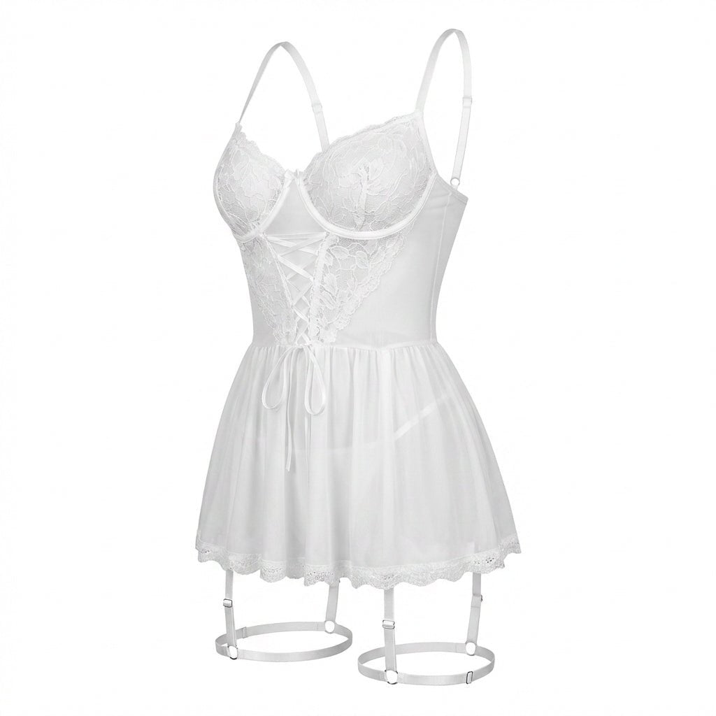 White Lace Corset Babydoll With Garter Straps - MARELIA