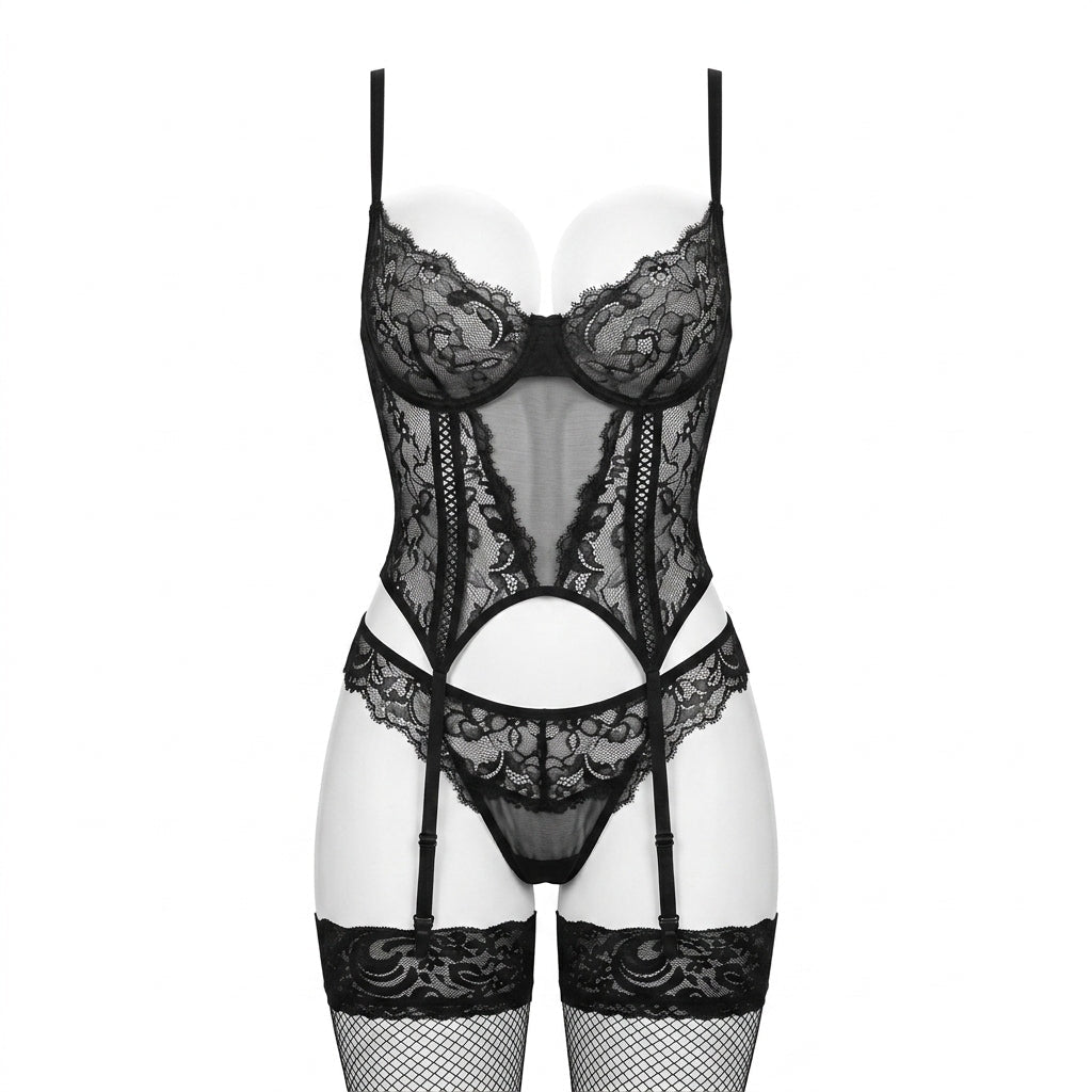 Black Lace Corset Basque Set With Fishnet Stockings - MARELIA