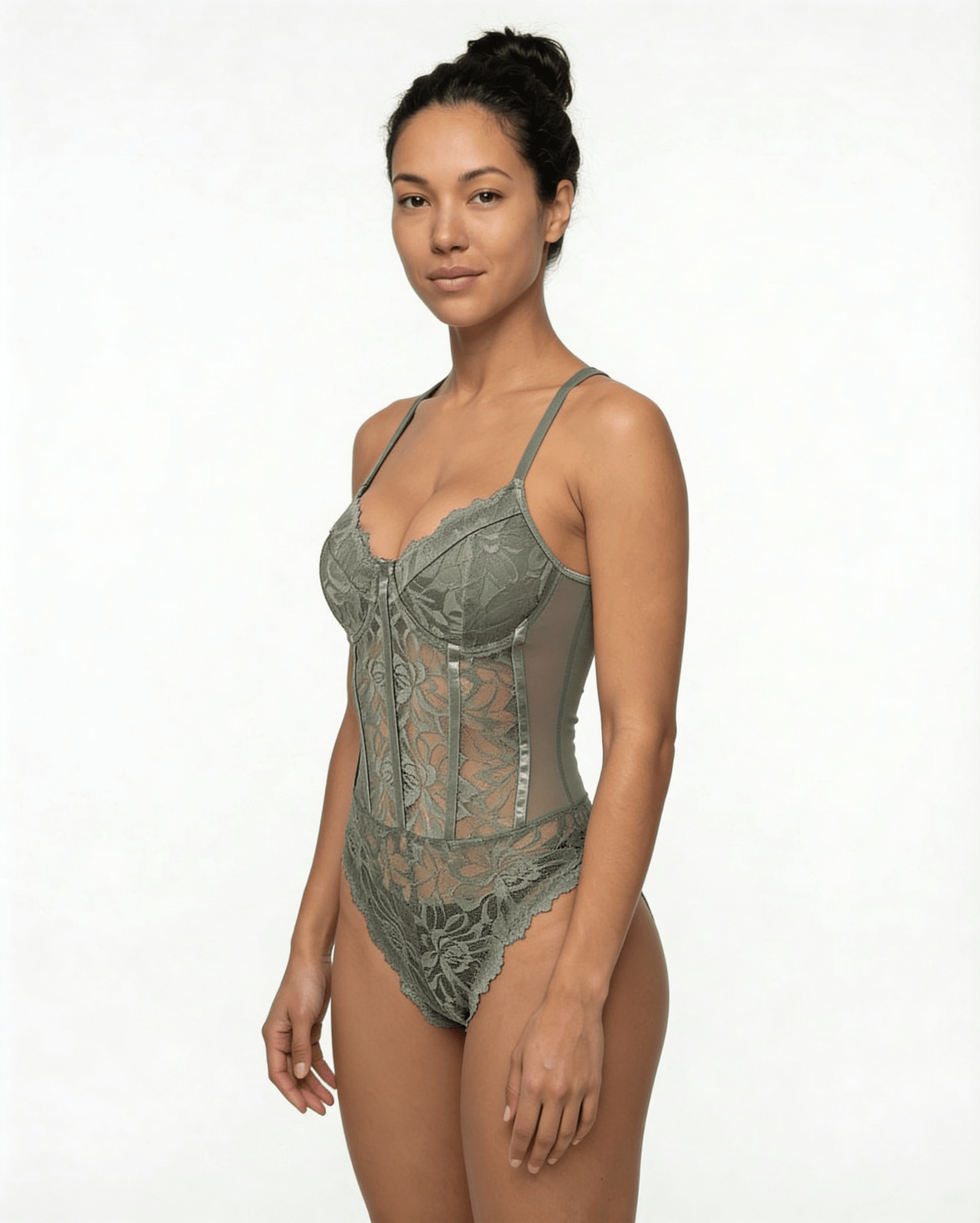 Sage Green Lace Corset Bodysuit With Underwired Cups - MARELIA
