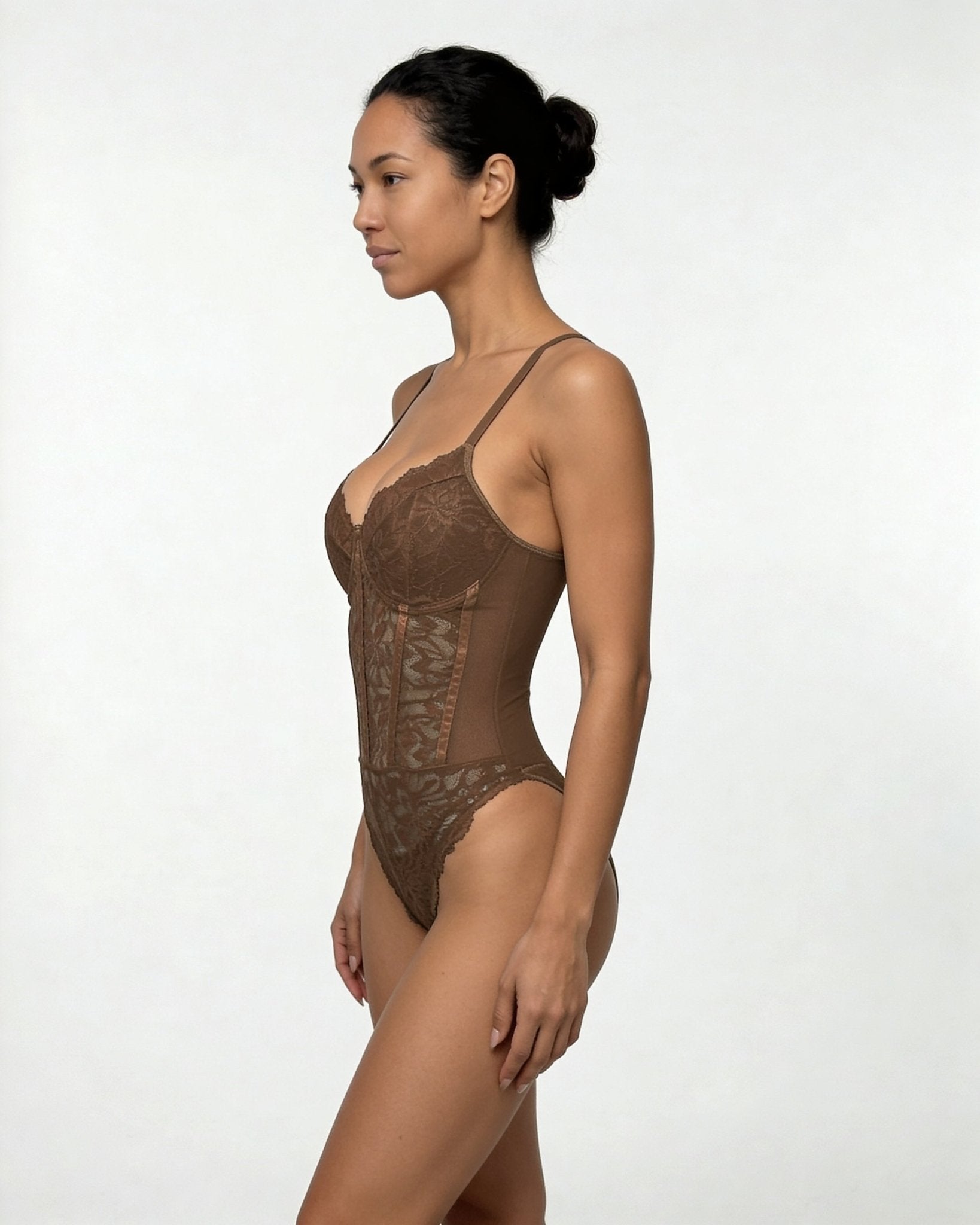 Brown Lace Corset Bodysuit With Underwired Cups - MARELIA
