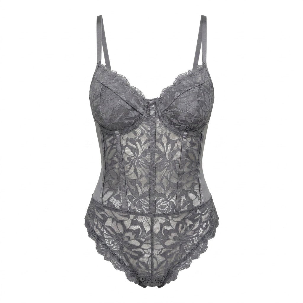 Grey Lace Corset Bodysuit With Underwired Cups - MARELIA