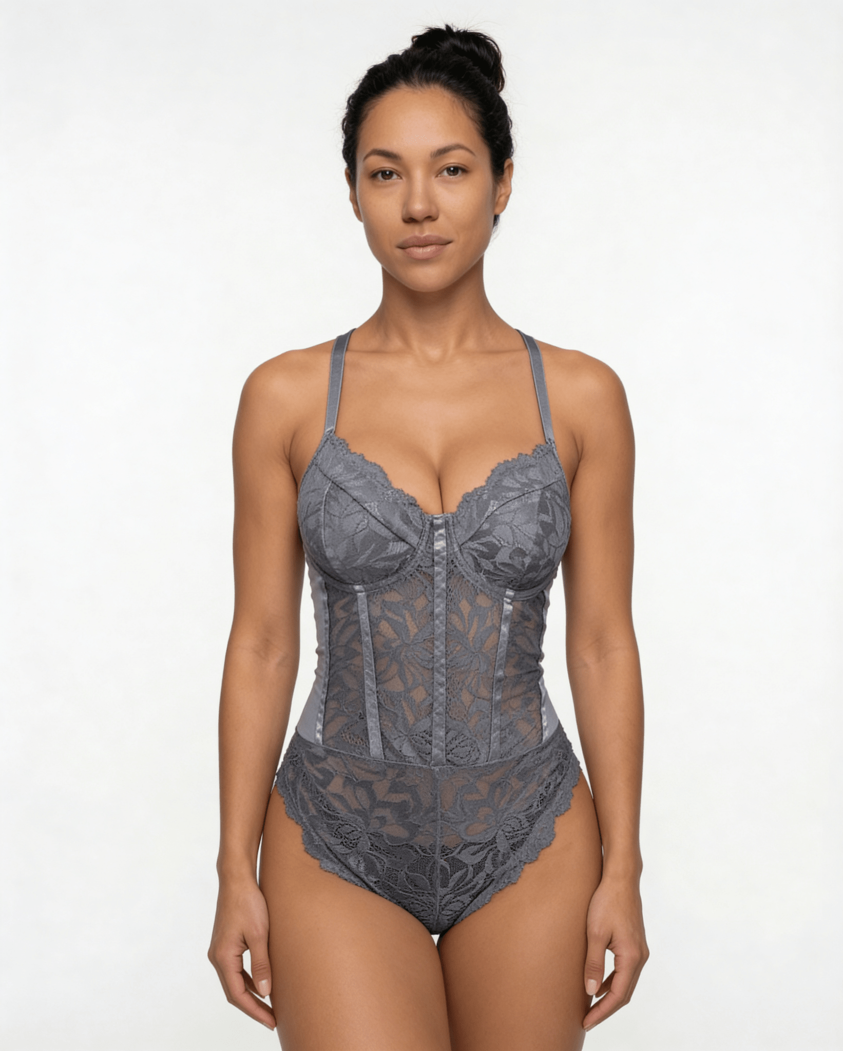 Grey Lace Corset Bodysuit With Underwired Cups - MARELIA