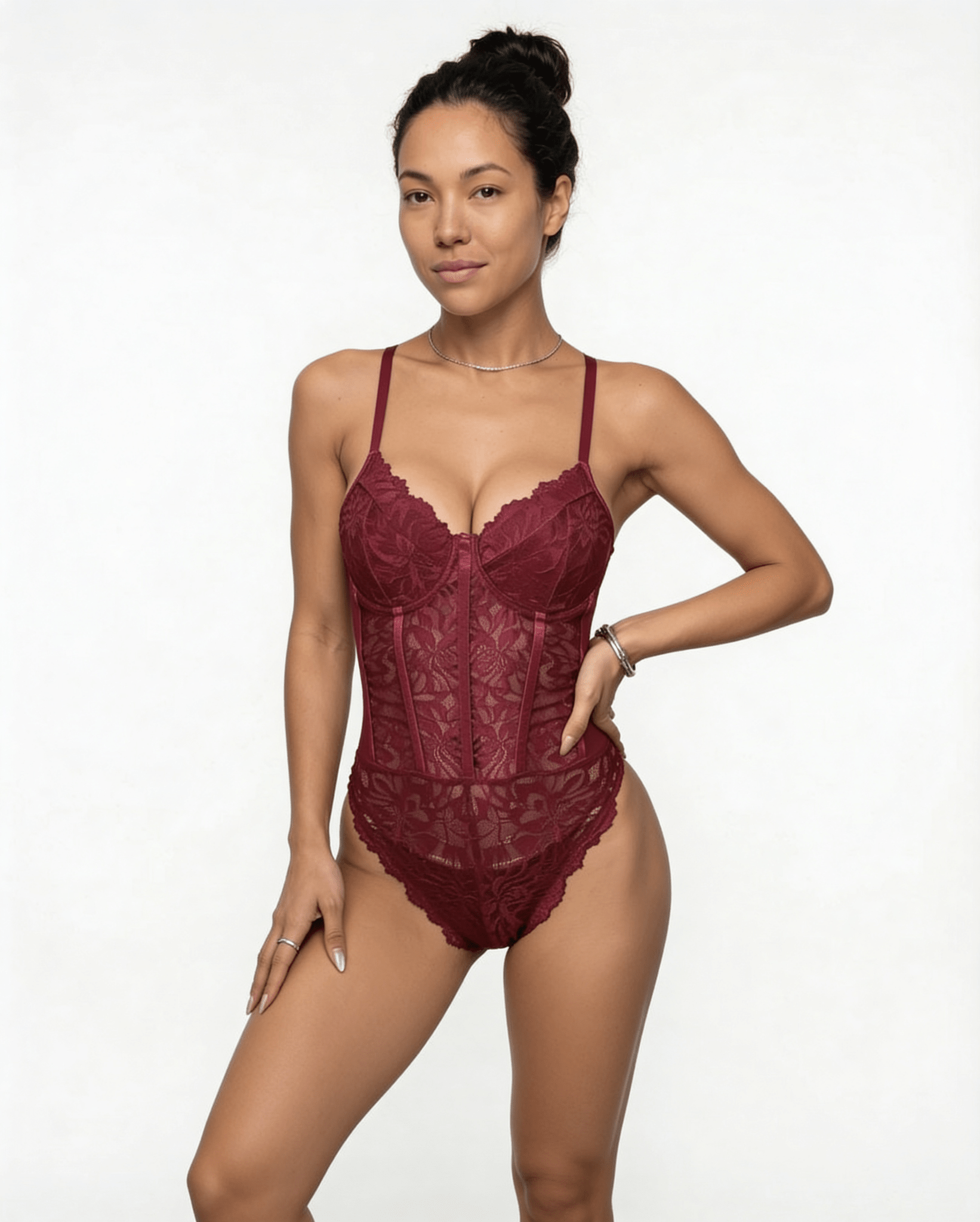 Burgundy Lace Corset Bodysuit With Underwired Cups - MARELIA