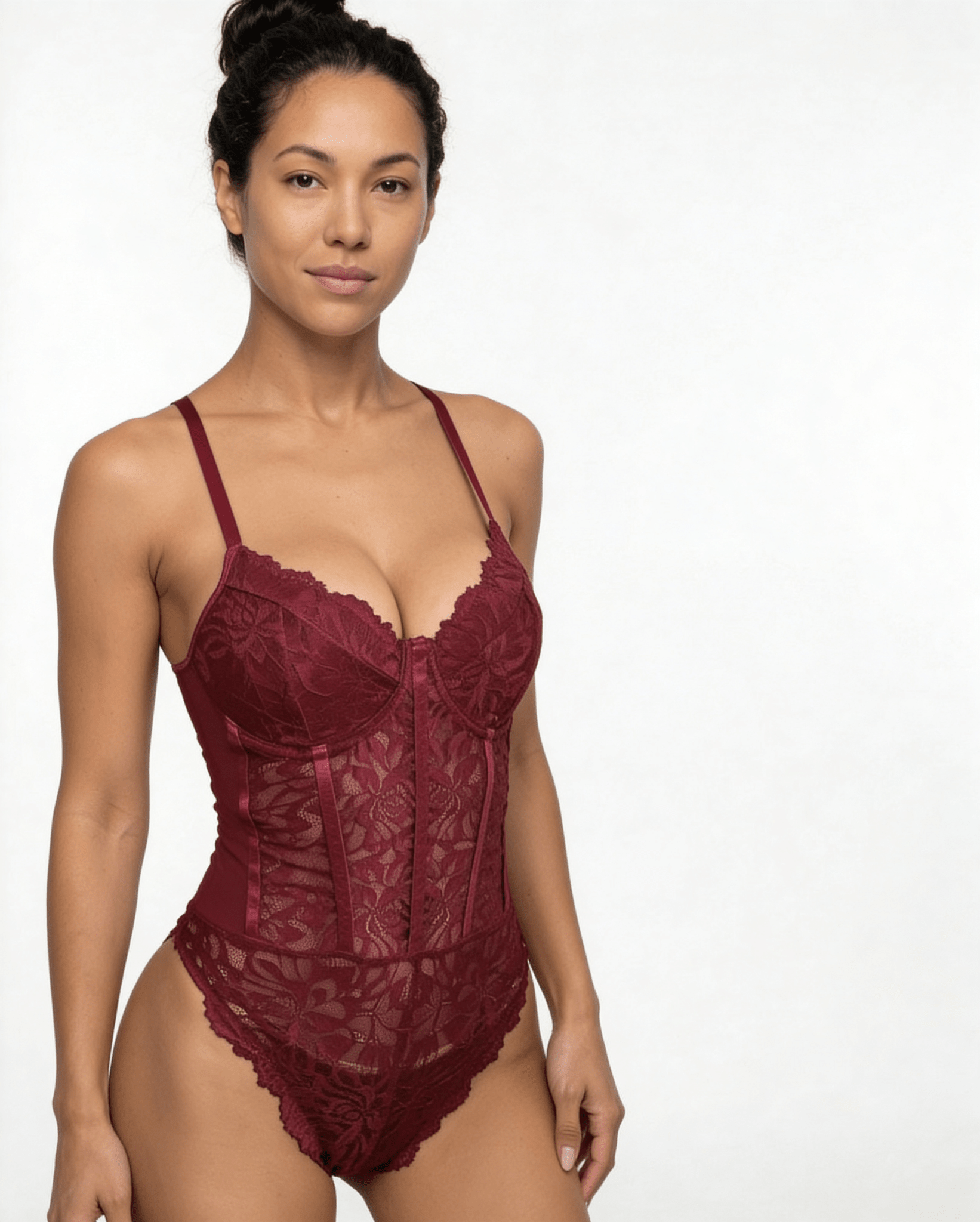 Burgundy Lace Corset Bodysuit With Underwired Cups - MARELIA