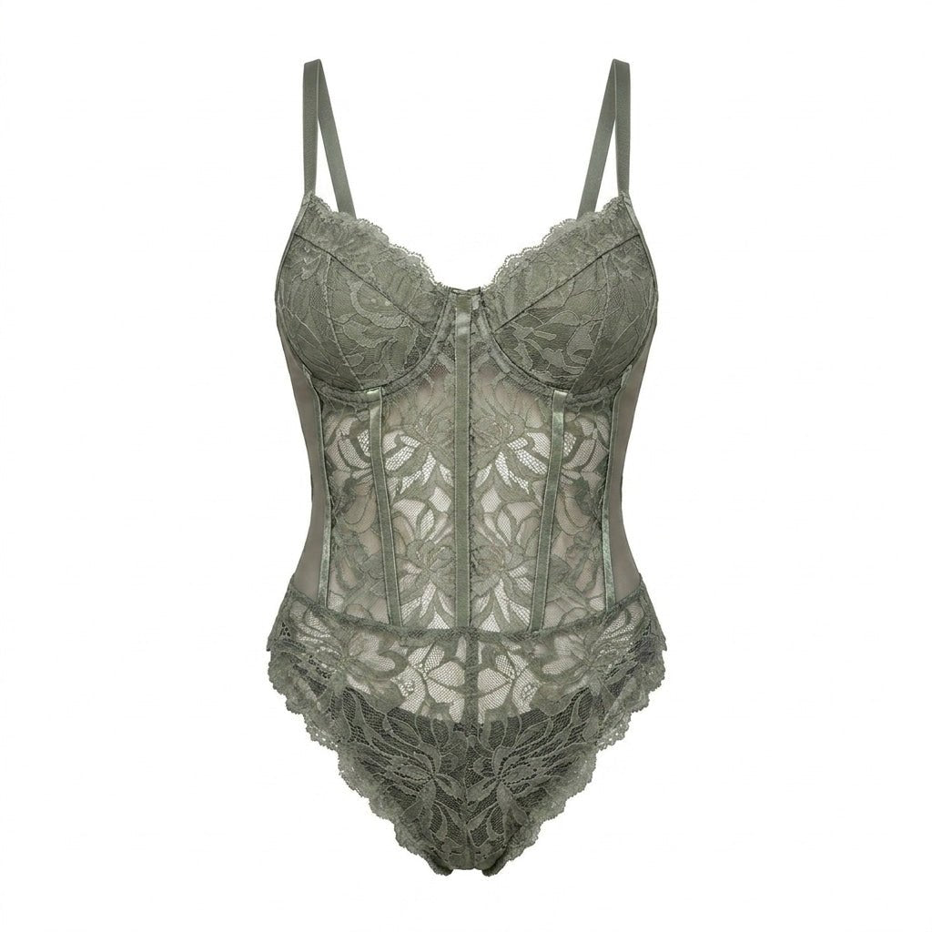Sage Green Lace Corset Bodysuit With Underwired Cups - MARELIA
