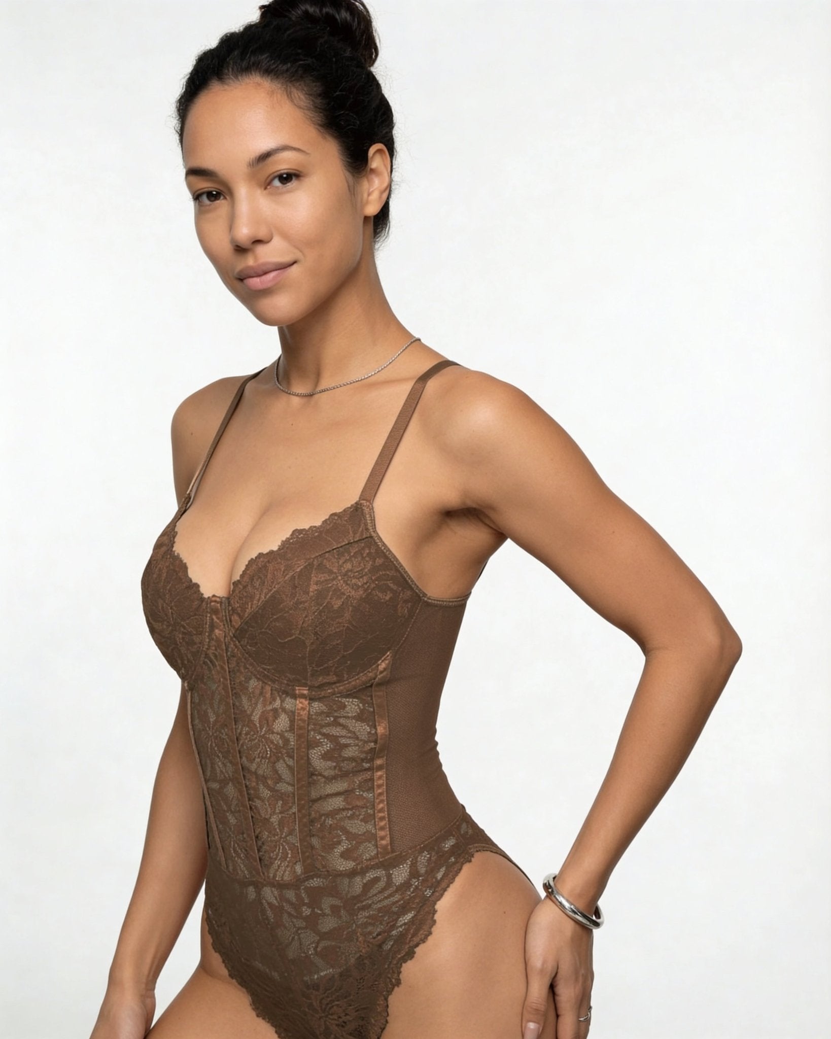 Brown Lace Corset Bodysuit With Underwired Cups - MARELIA