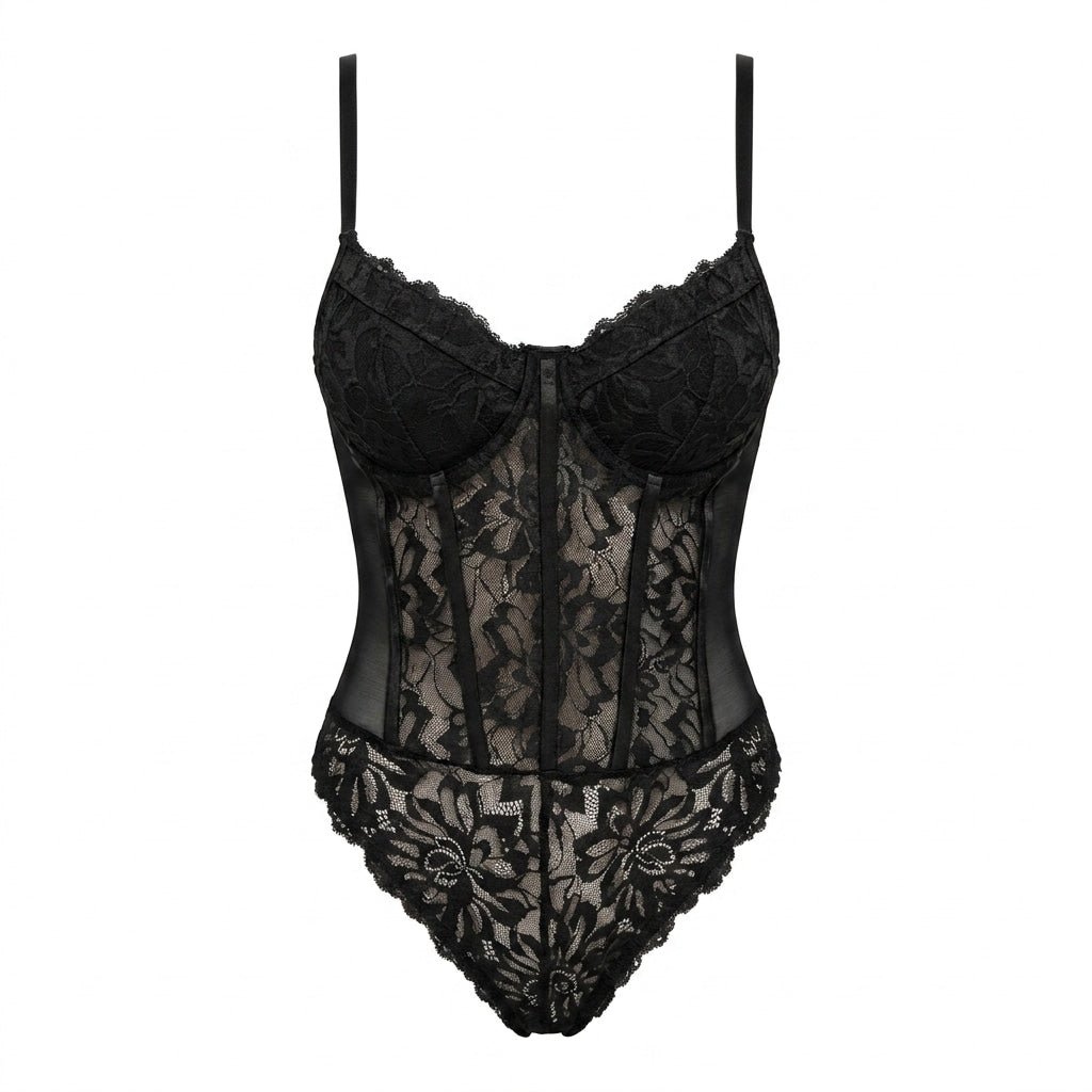 Black Lace Corset Bodysuit With Underwired Cups - MARELIA