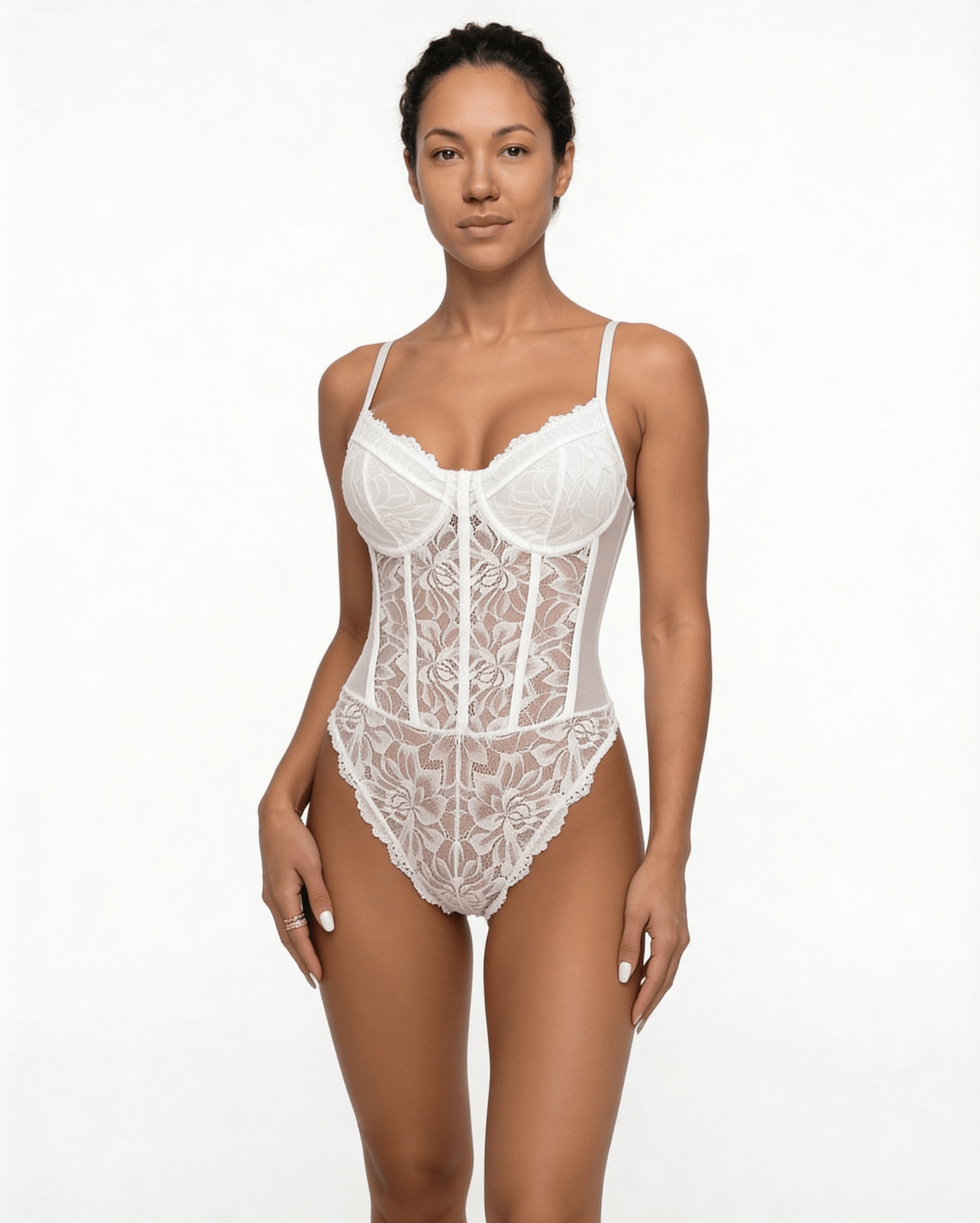 White Lace Corset Bodysuit With Underwired Cups - MARELIA