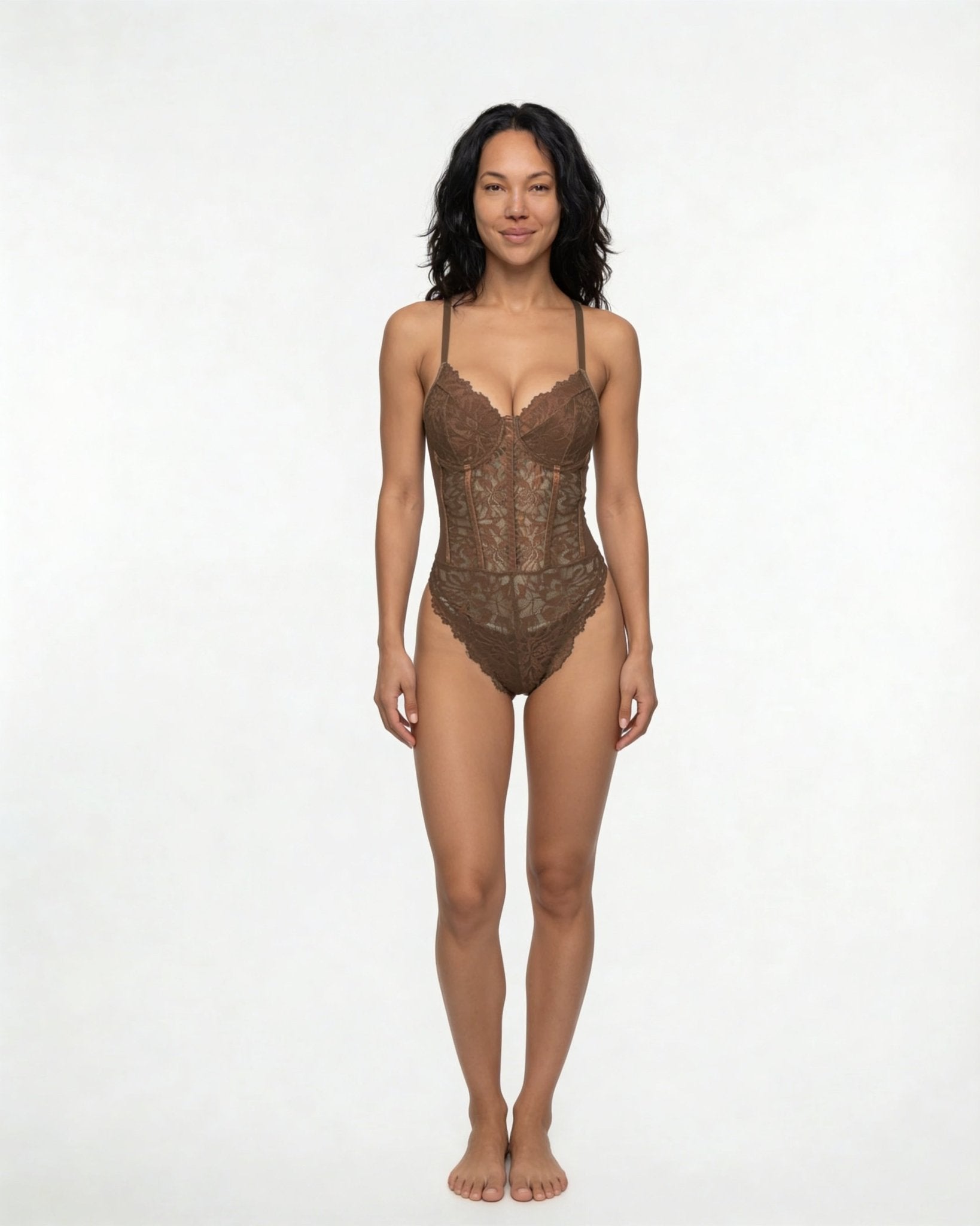 Brown Lace Corset Bodysuit With Underwired Cups - MARELIA