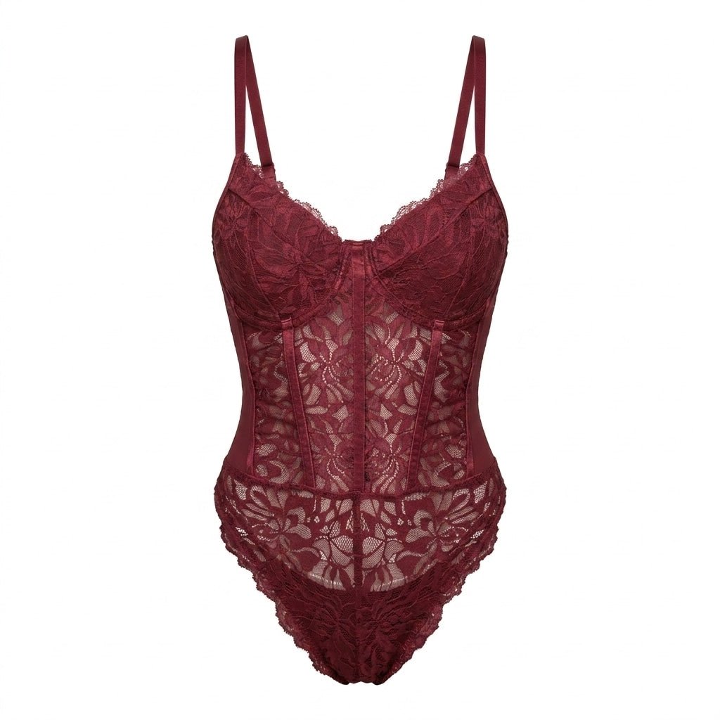 Burgundy Lace Corset Bodysuit With Underwired Cups - MARELIA