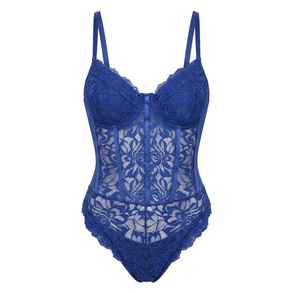 Blue Lace Corset Bodysuit With Underwired Cups - MARELIA